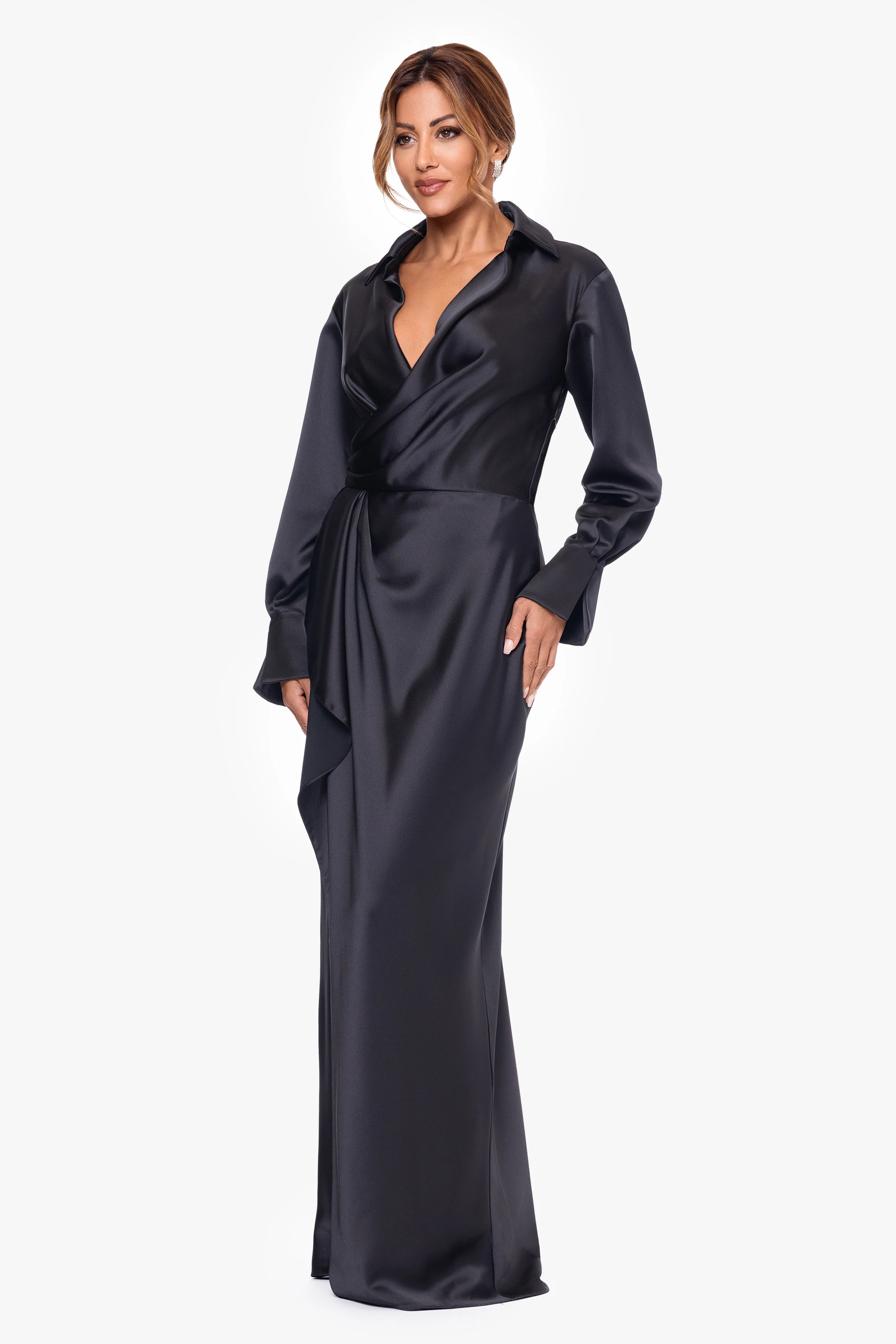 "Emery" Long Satin Long Sleeve Collared Dress - Image 4
