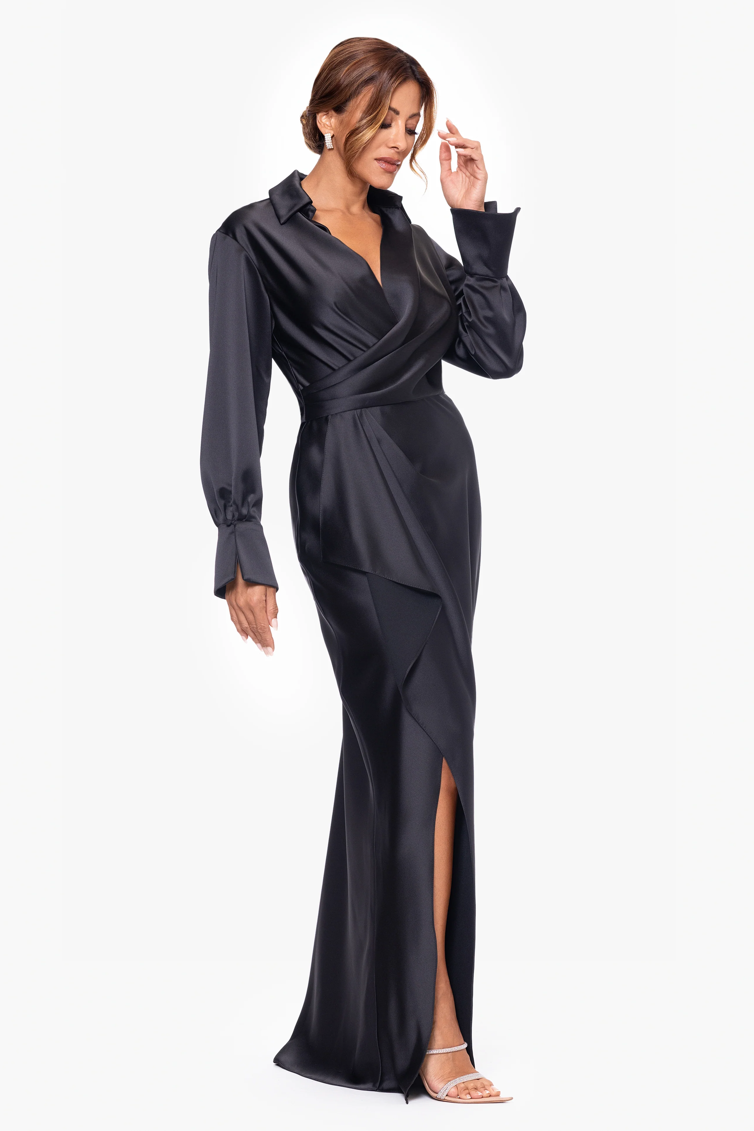 "Emery" Long Satin Long Sleeve Collared Dress - Image 5