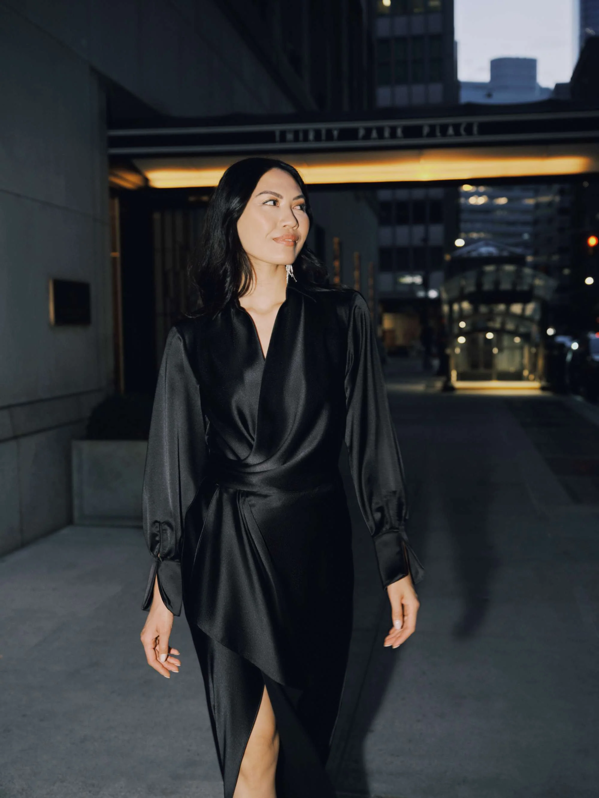 "Emery" Long Satin Long Sleeve Collared Dress - Image 6