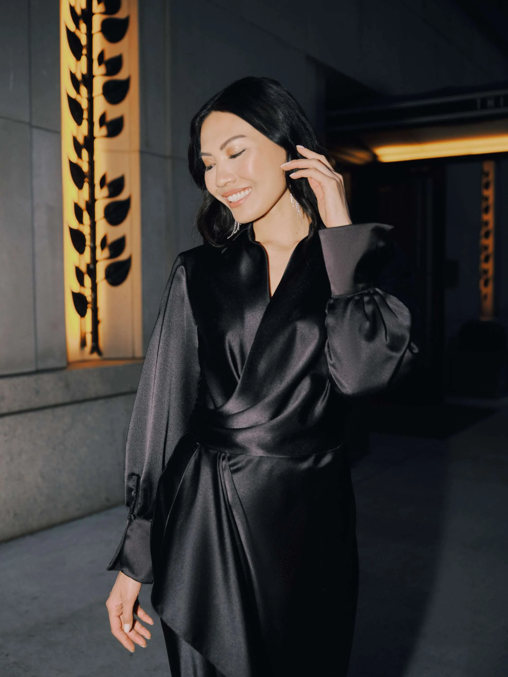 "Emery" Long Satin Long Sleeve Collared Dress - Image 7