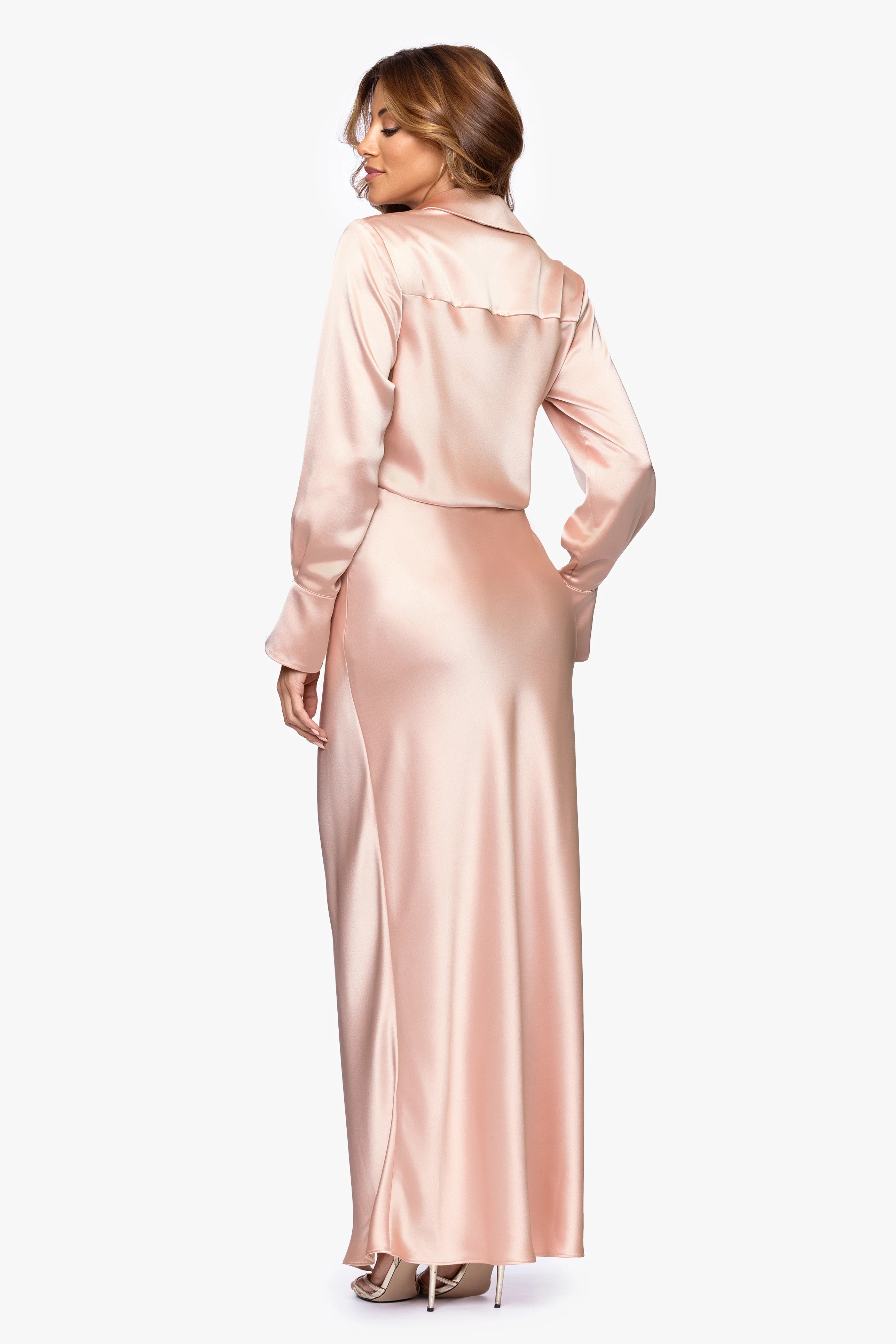 "Emery" Long Satin Long Sleeve Collared Dress - Image 24
