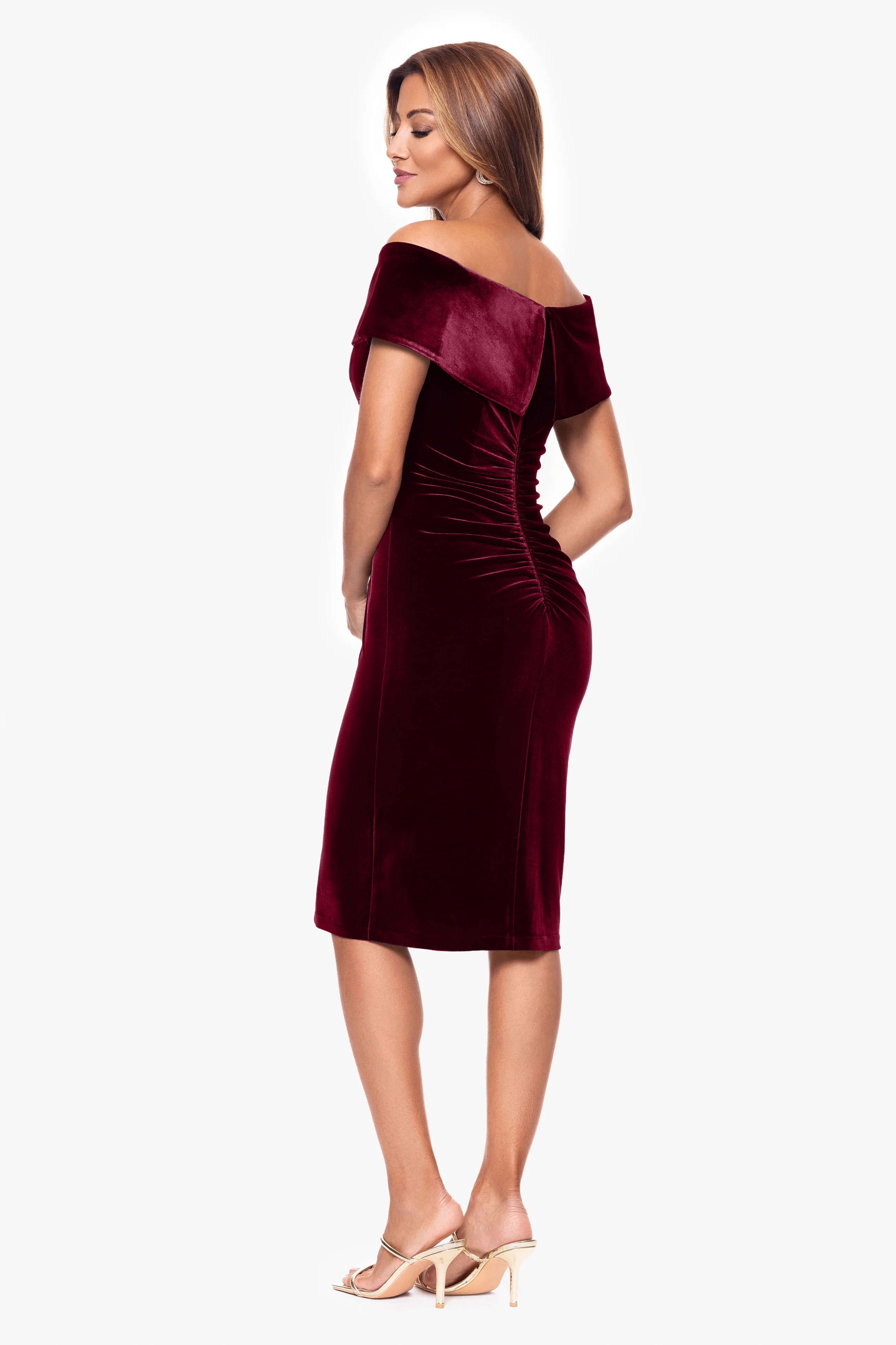 "Felicity" Knee Length Off the Shoulder Ruched Velvet Dress - Image 3