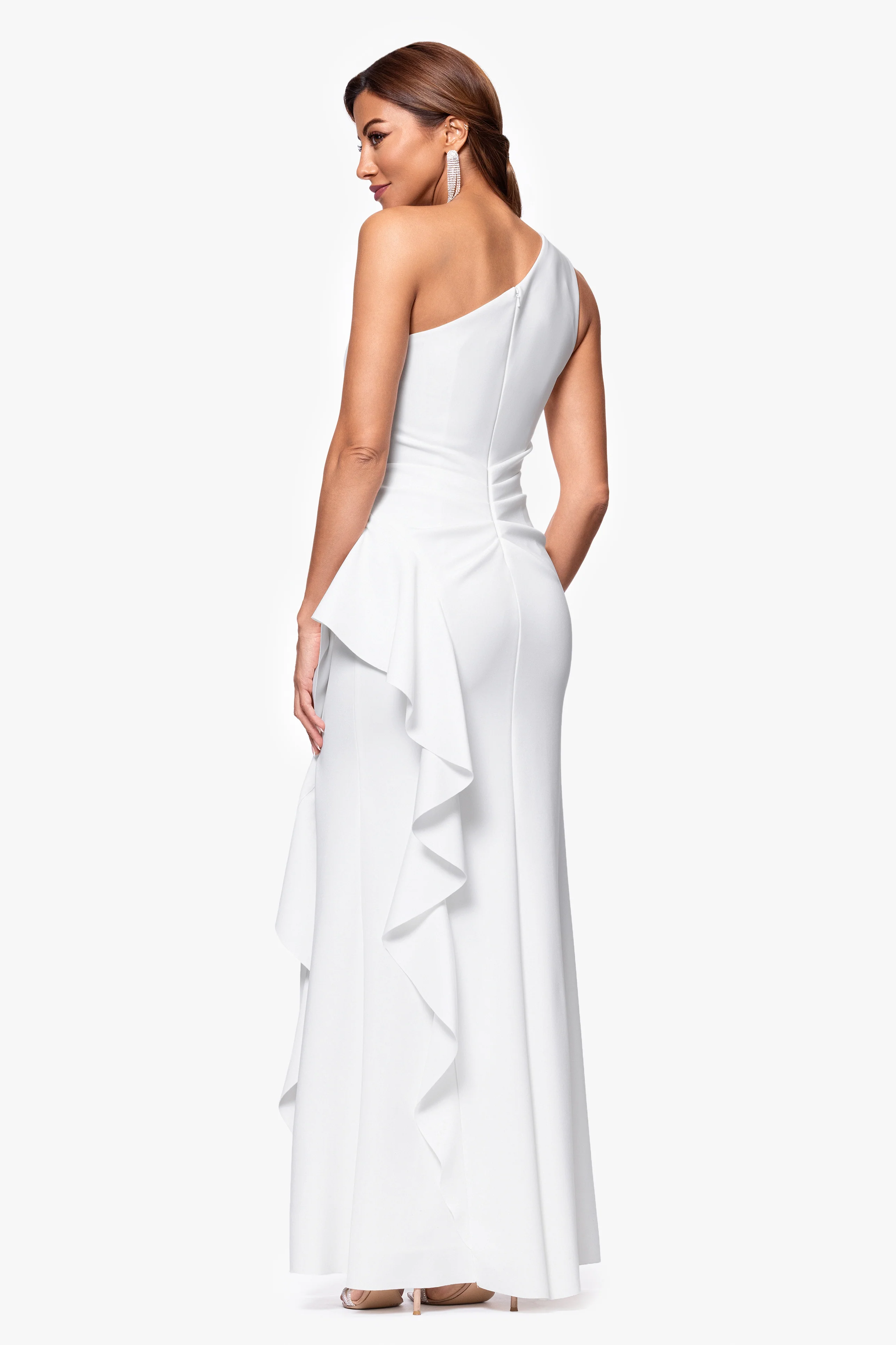 "Flo" Long Techno Scuba One Shoulder Ruffle Dress - Image 21