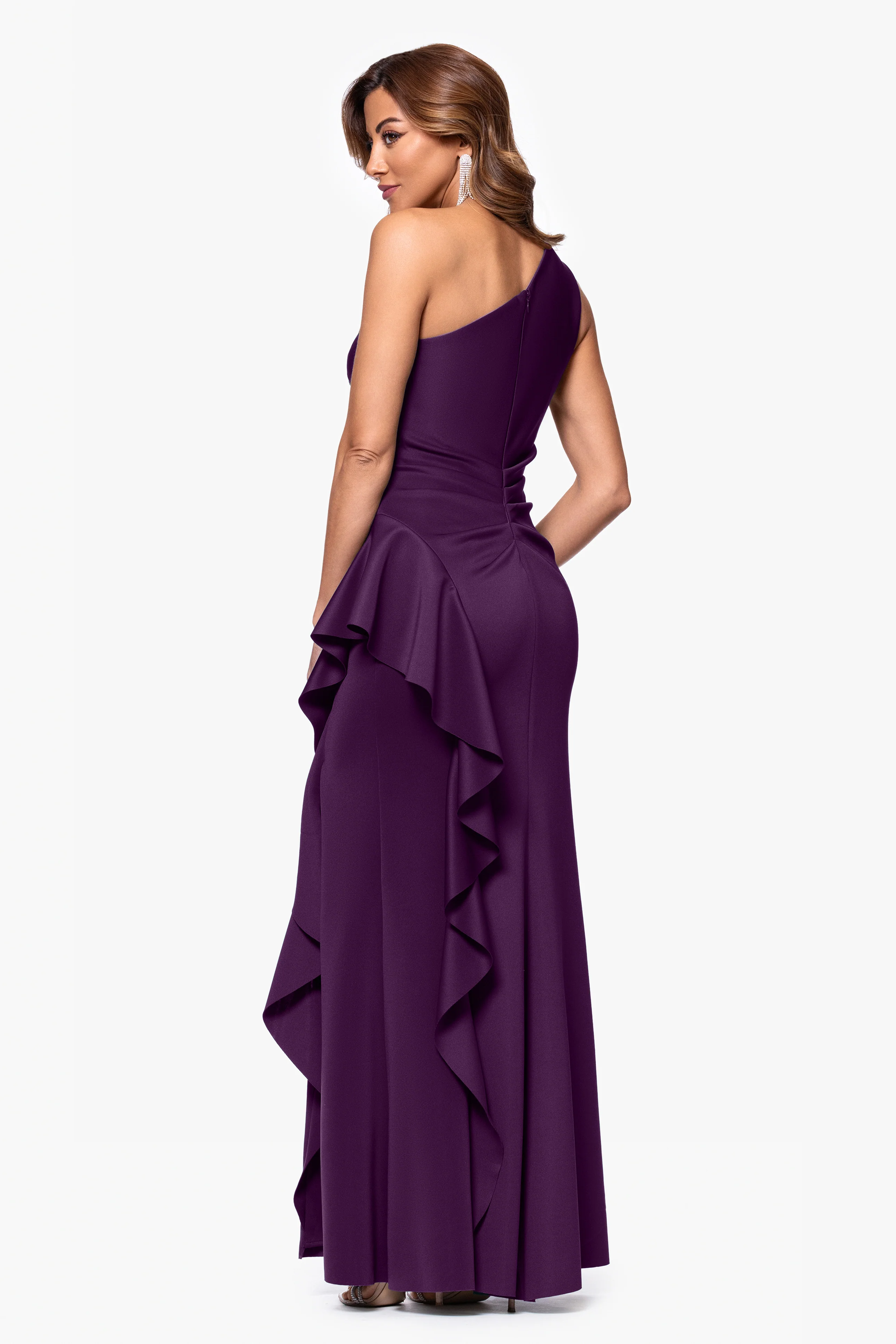 "Flo" Long Techno Scuba One Shoulder Ruffle Dress - Image 21