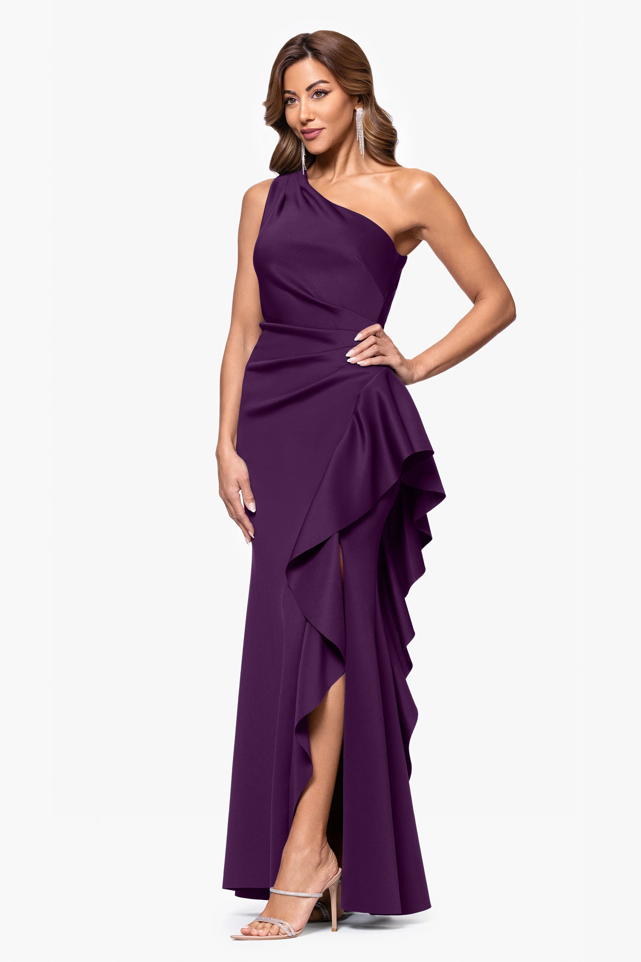 "Flo" Long Techno Scuba One Shoulder Ruffle Dress - Image 22