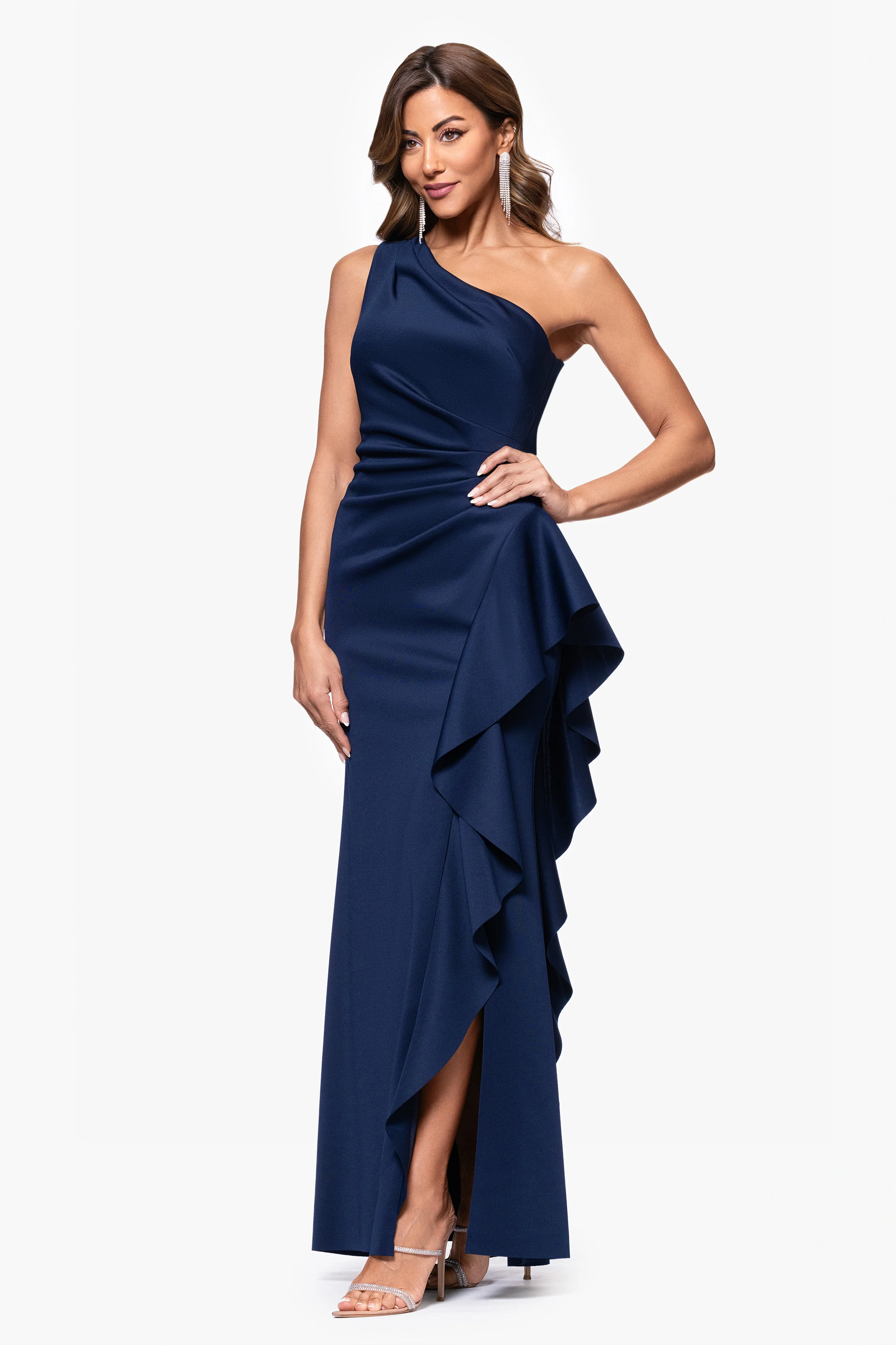 "Flo" Long Techno Scuba One Shoulder Ruffle Dress - Image 32