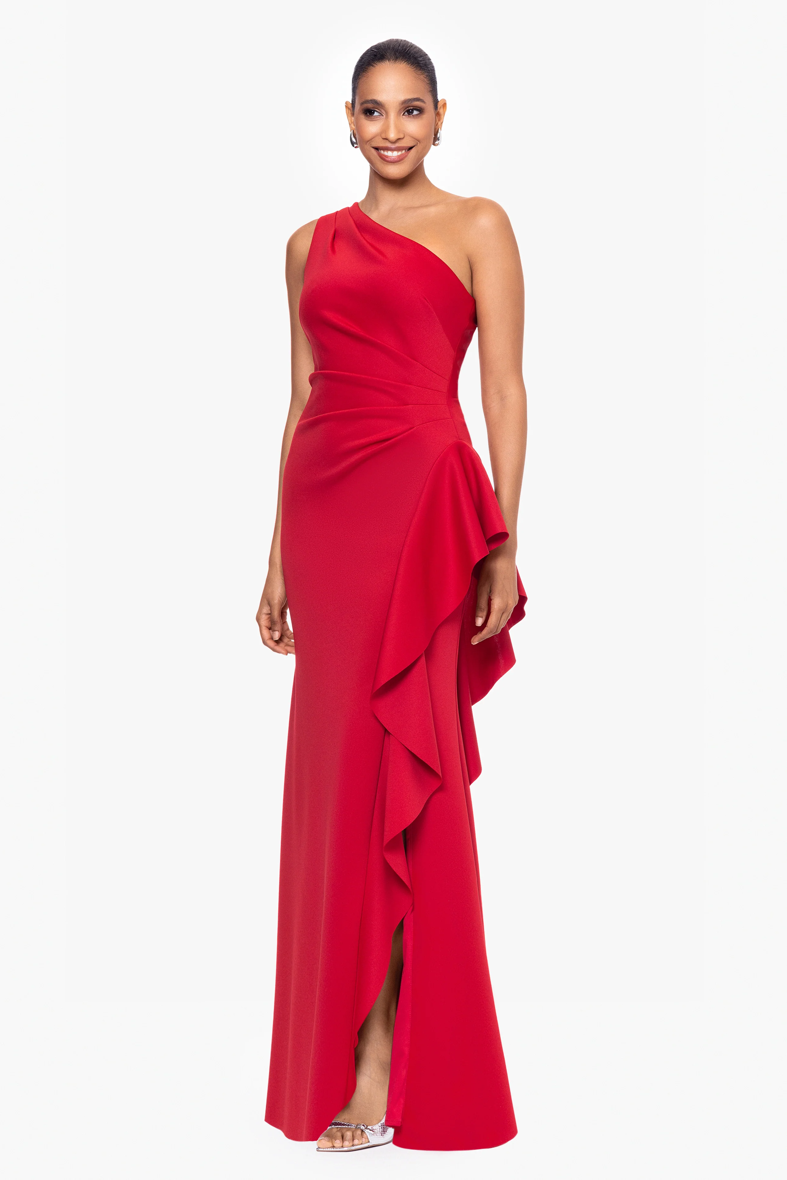 "Flo" Long Techno Scuba One Shoulder Ruffle Dress - Image 42