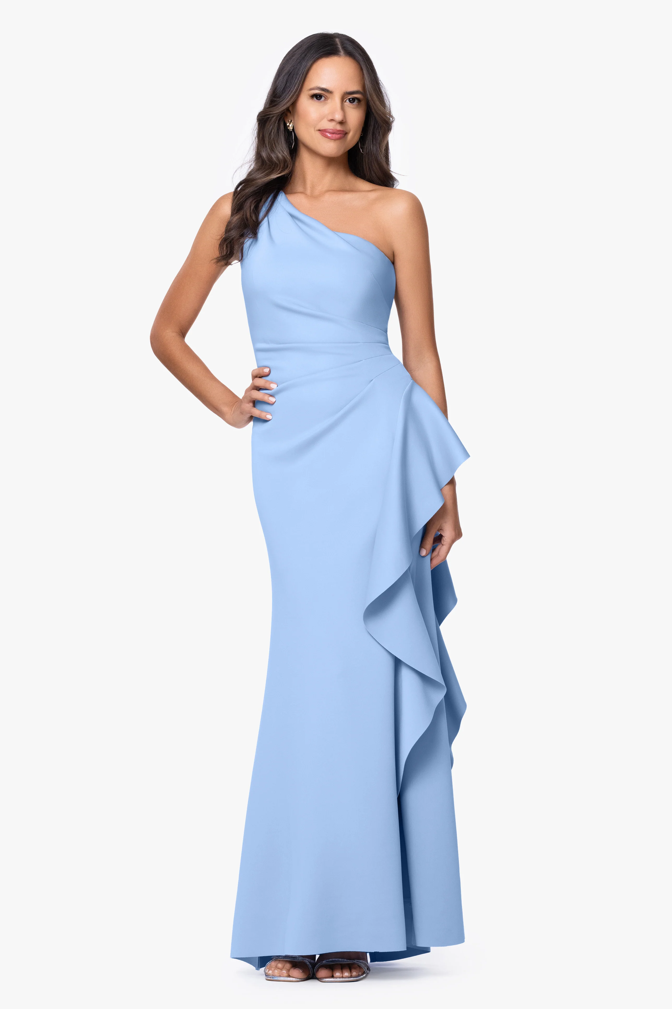 "Flo" Long Techno Scuba One Shoulder Ruffle Dress - Image 43