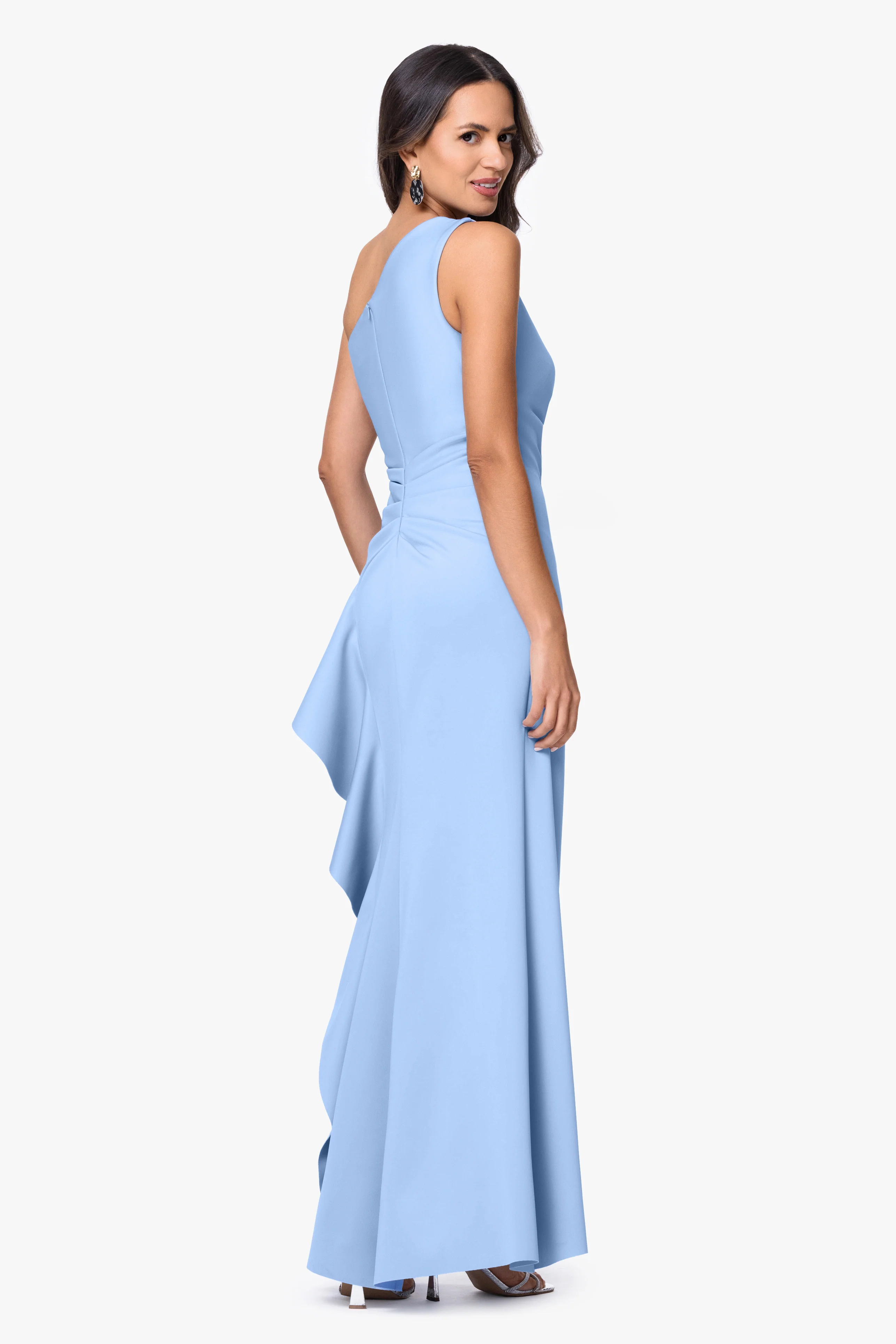 "Flo" Long Techno Scuba One Shoulder Ruffle Dress - Image 45