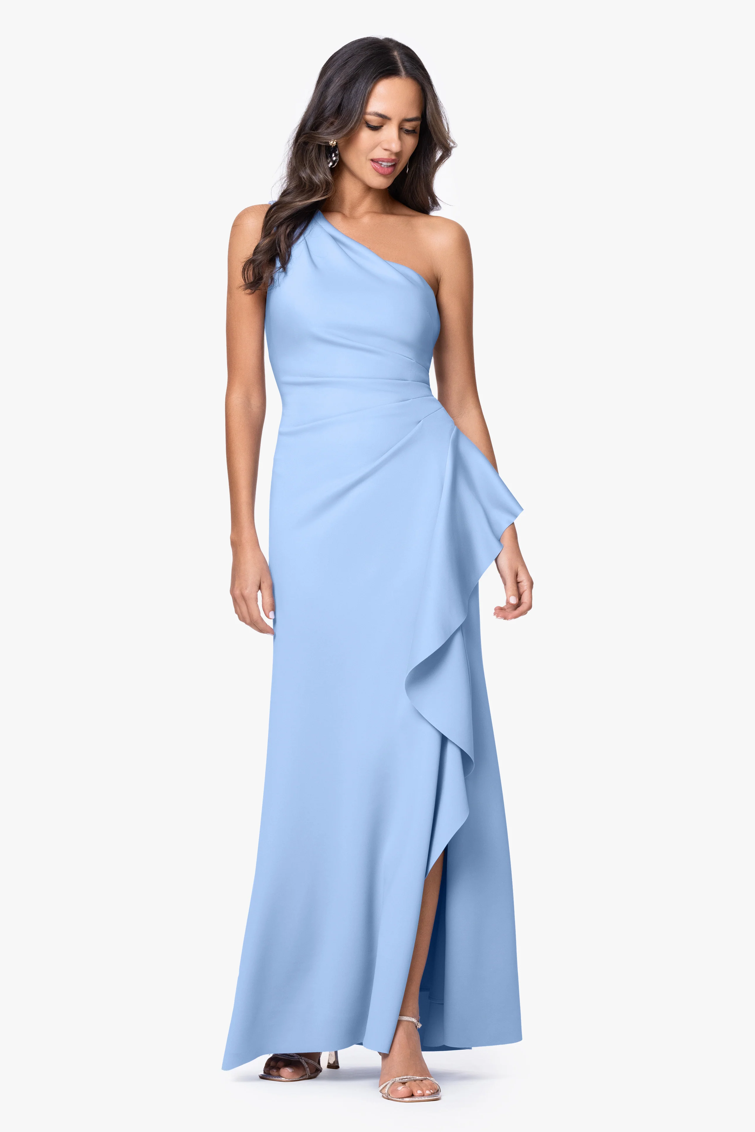 "Flo" Long Techno Scuba One Shoulder Ruffle Dress - Image 47