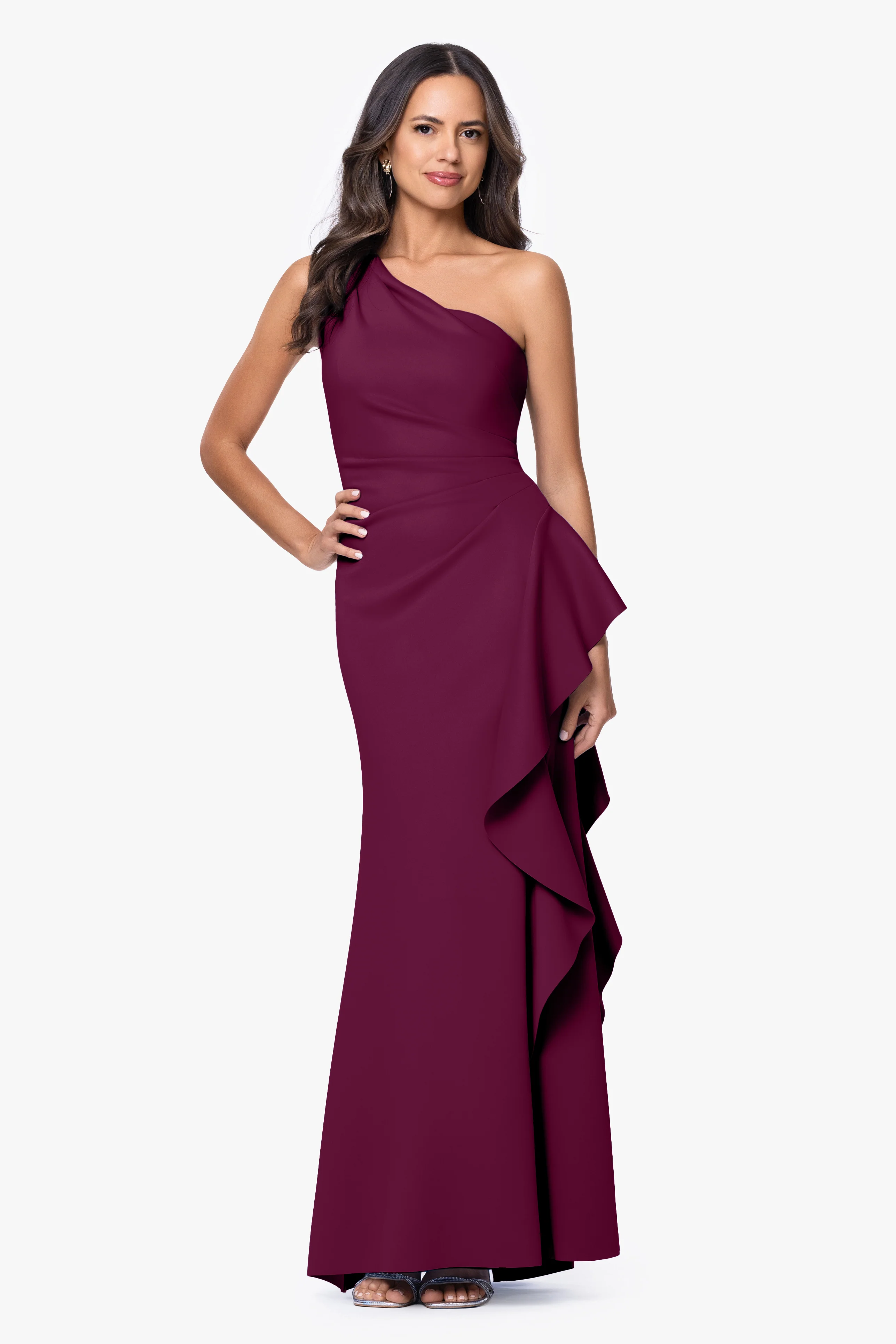 "Flo" Long Techno Scuba One Shoulder Ruffle Dress - Image 49
