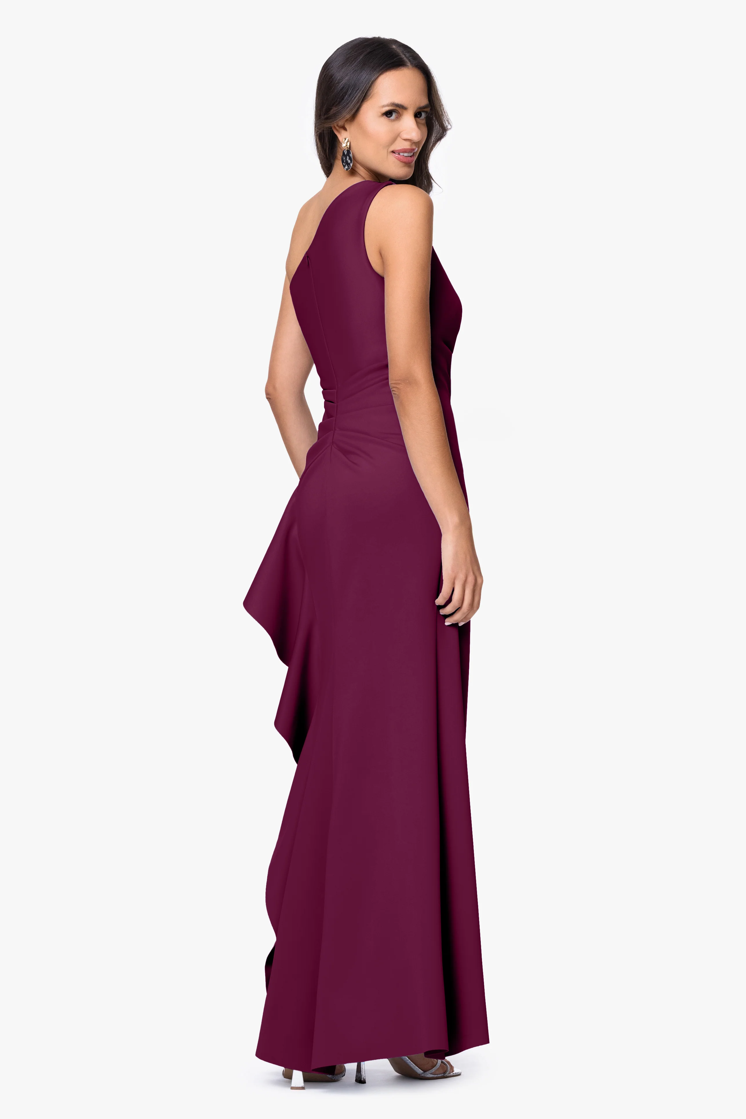 "Flo" Long Techno Scuba One Shoulder Ruffle Dress - Image 51