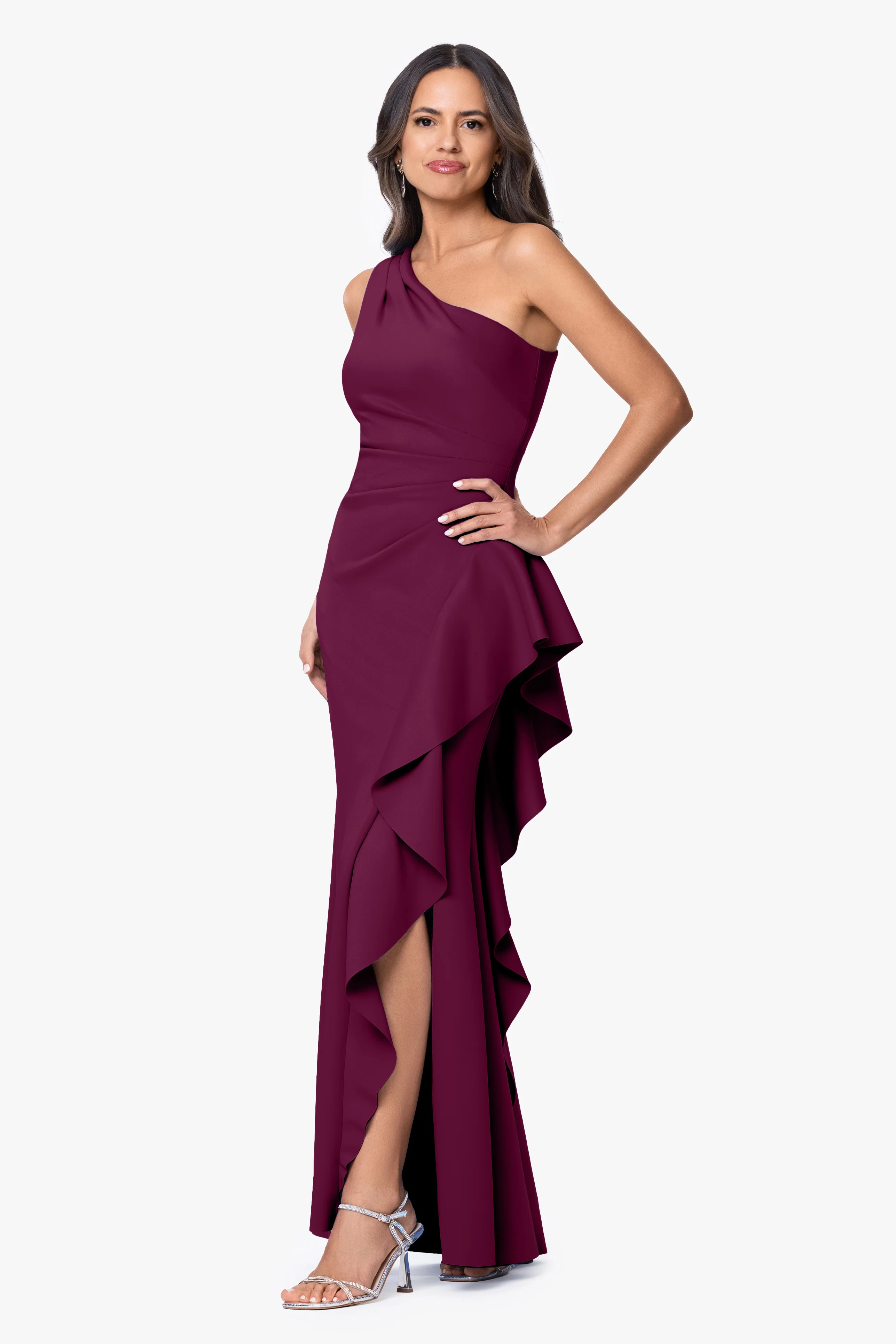"Flo" Long Techno Scuba One Shoulder Ruffle Dress - Image 52