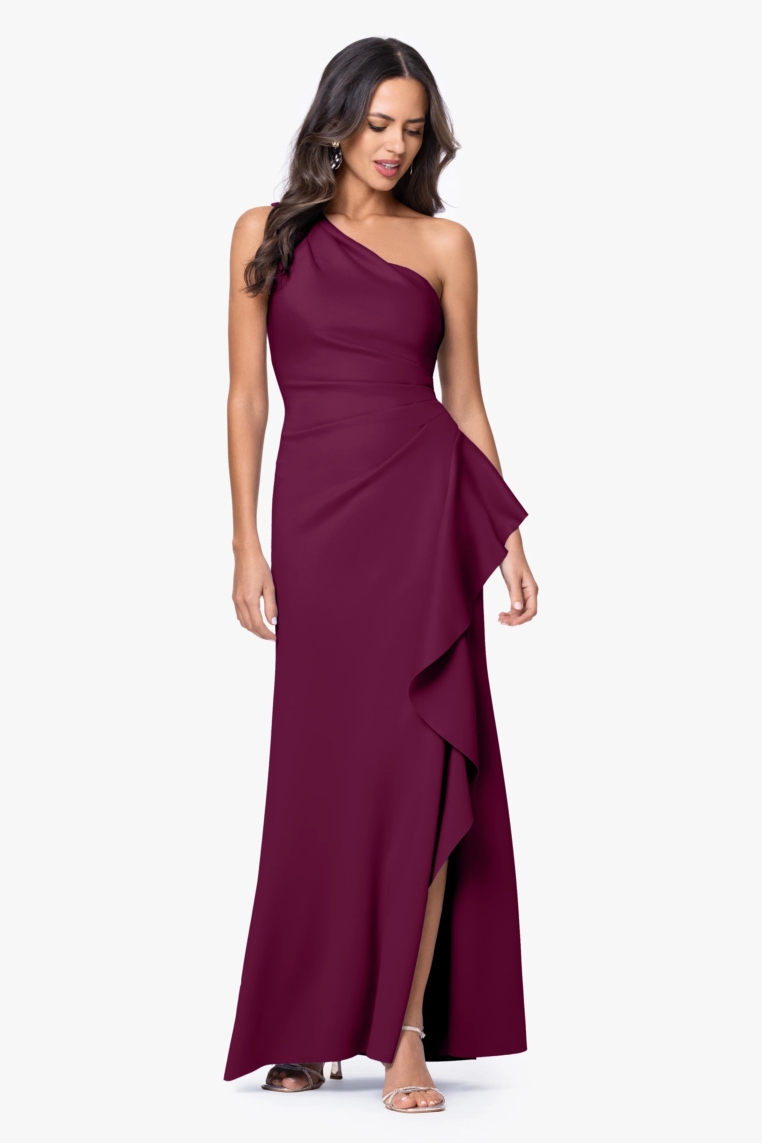 "Flo" Long Techno Scuba One Shoulder Ruffle Dress - Image 53
