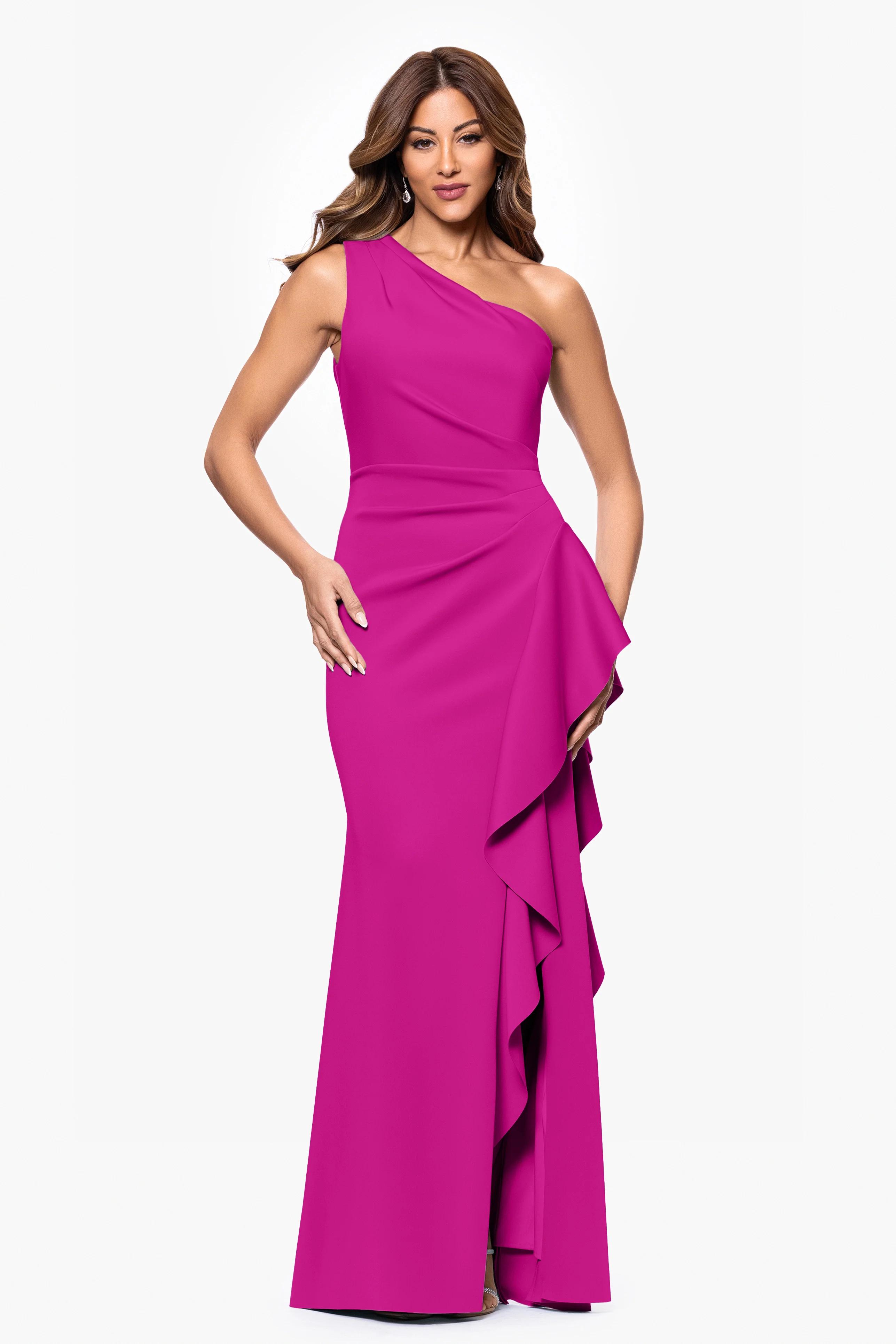 "Flo" Long Techno Scuba One Shoulder Ruffle Dress - Image 29