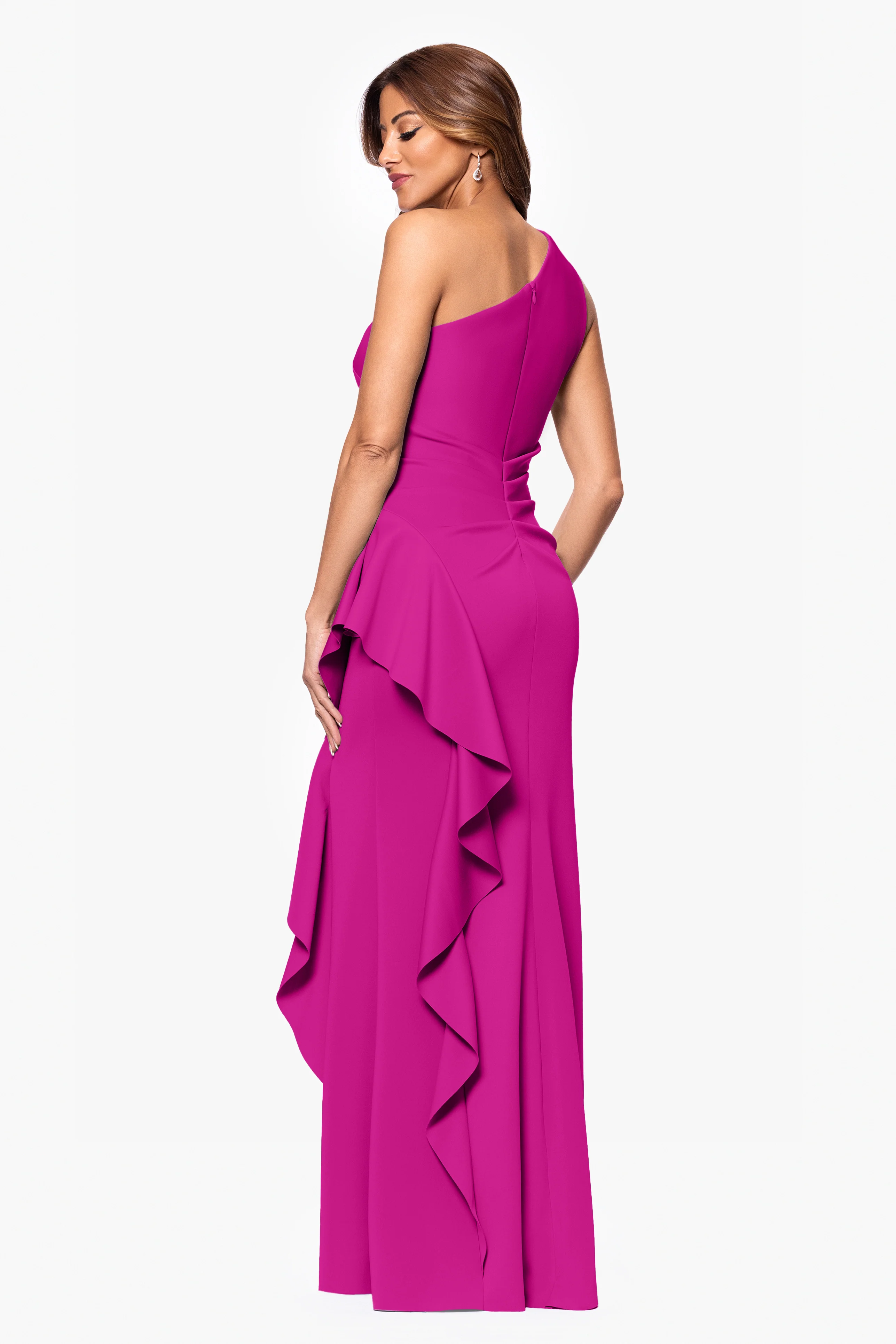 "Flo" Long Techno Scuba One Shoulder Ruffle Dress - Image 31