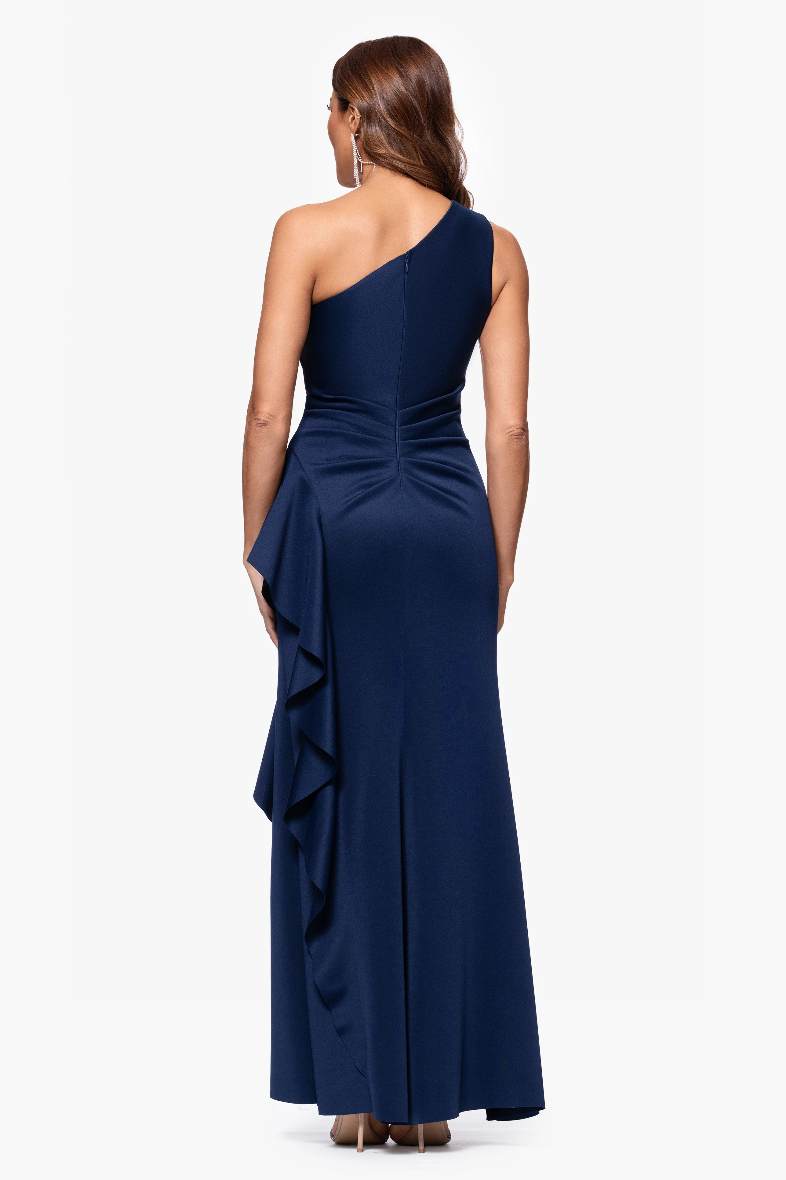 "Flo" Long Techno Scuba One Shoulder Ruffle Dress - Image 23