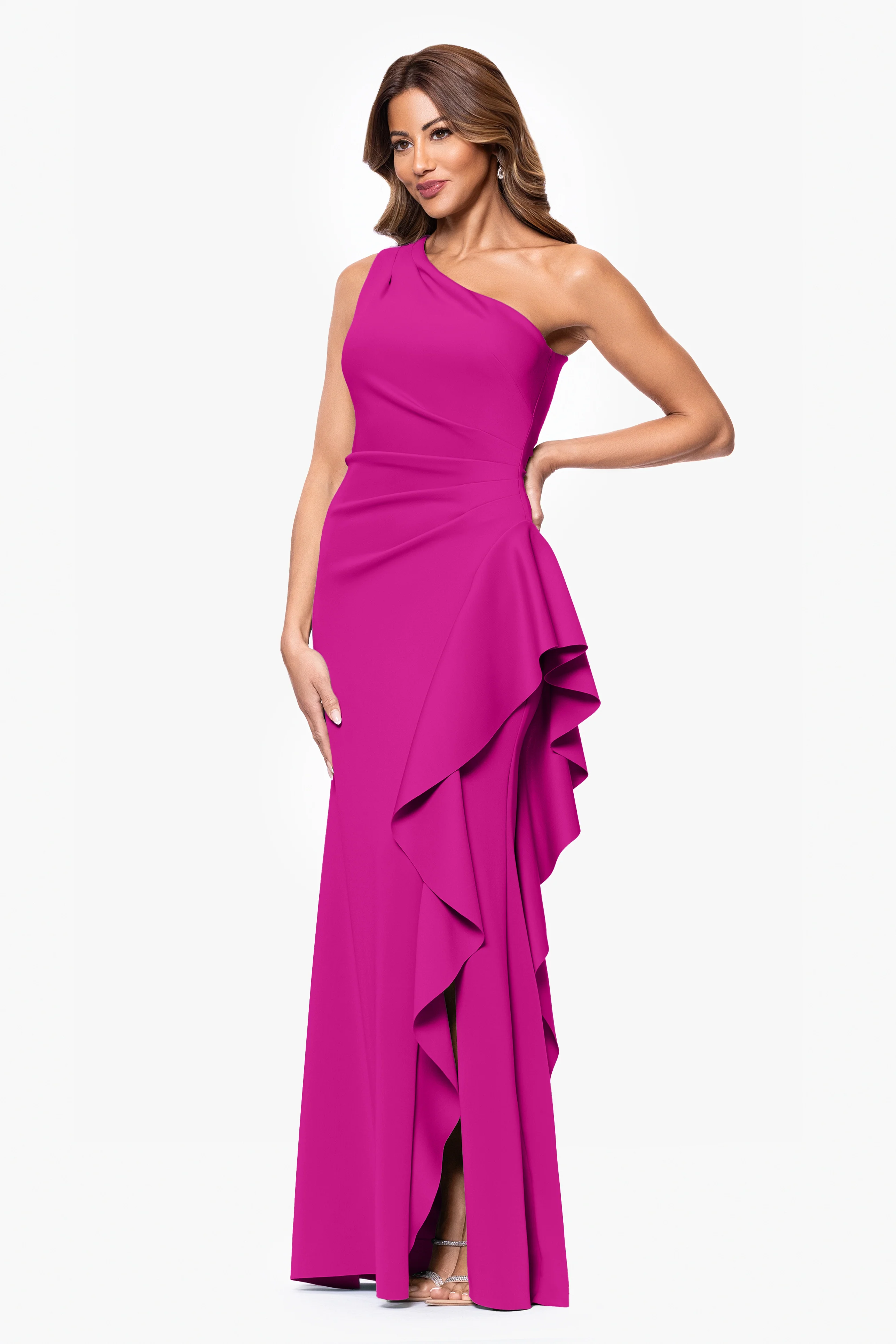 "Flo" Long Techno Scuba One Shoulder Ruffle Dress - Image 18
