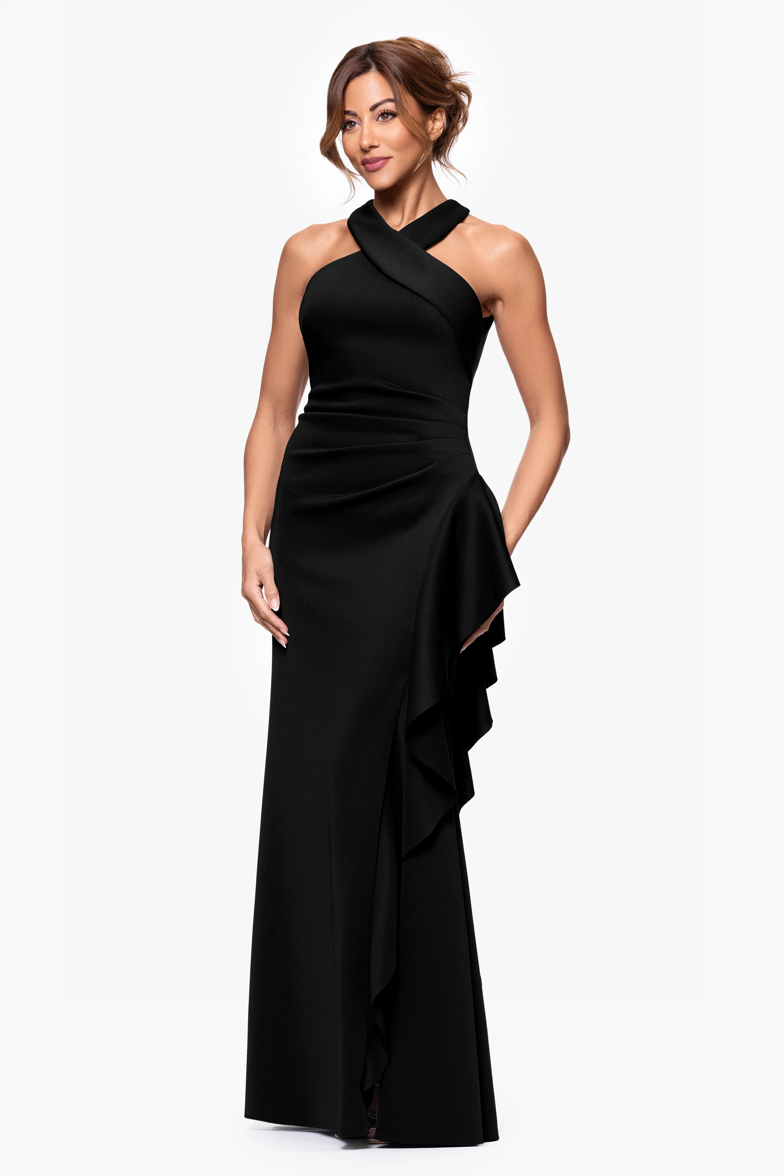 "Gigi" Techno Scuba Cross Neck Ruffle Floor Length Dress - Image 4