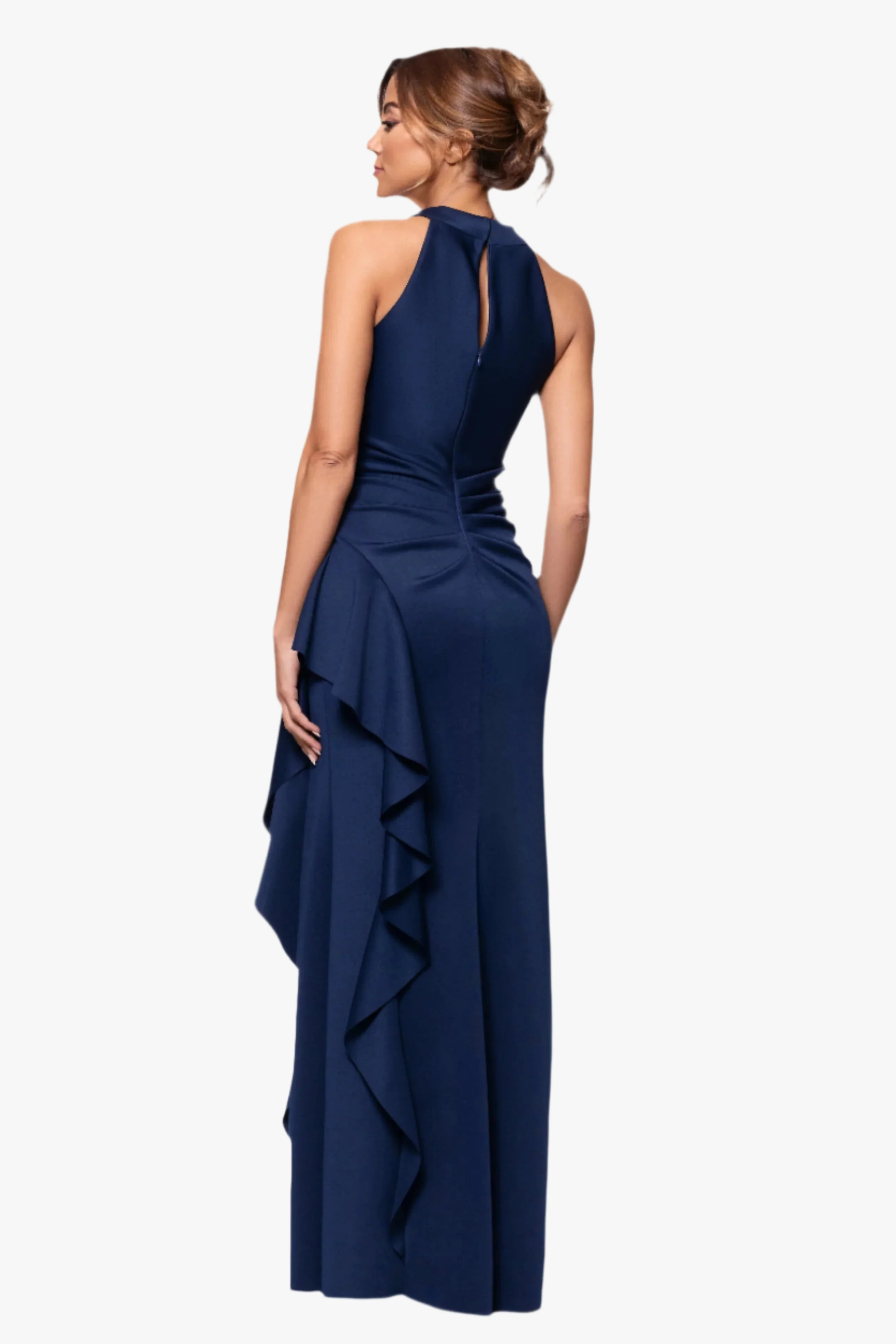 "Gigi" Techno Scuba Cross Neck Ruffle Floor Length Dress - Image 8