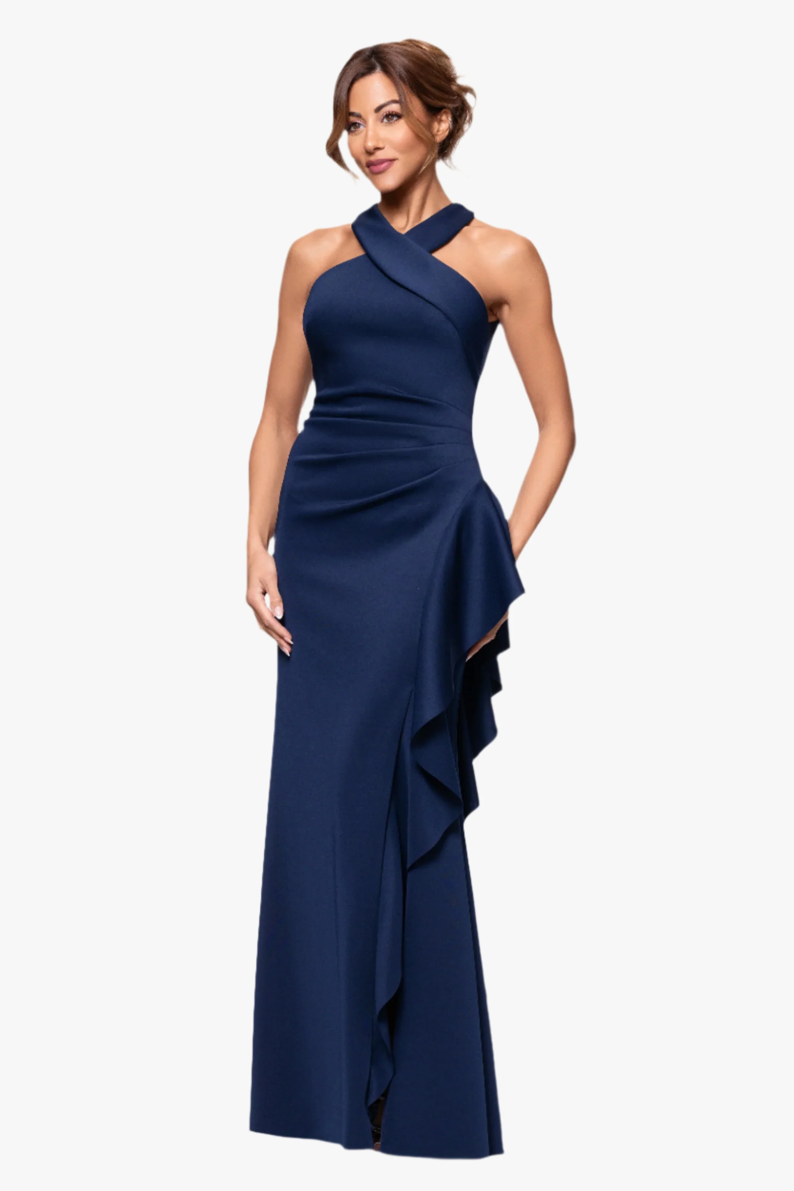 "Gigi" Techno Scuba Cross Neck Ruffle Floor Length Dress - Image 9