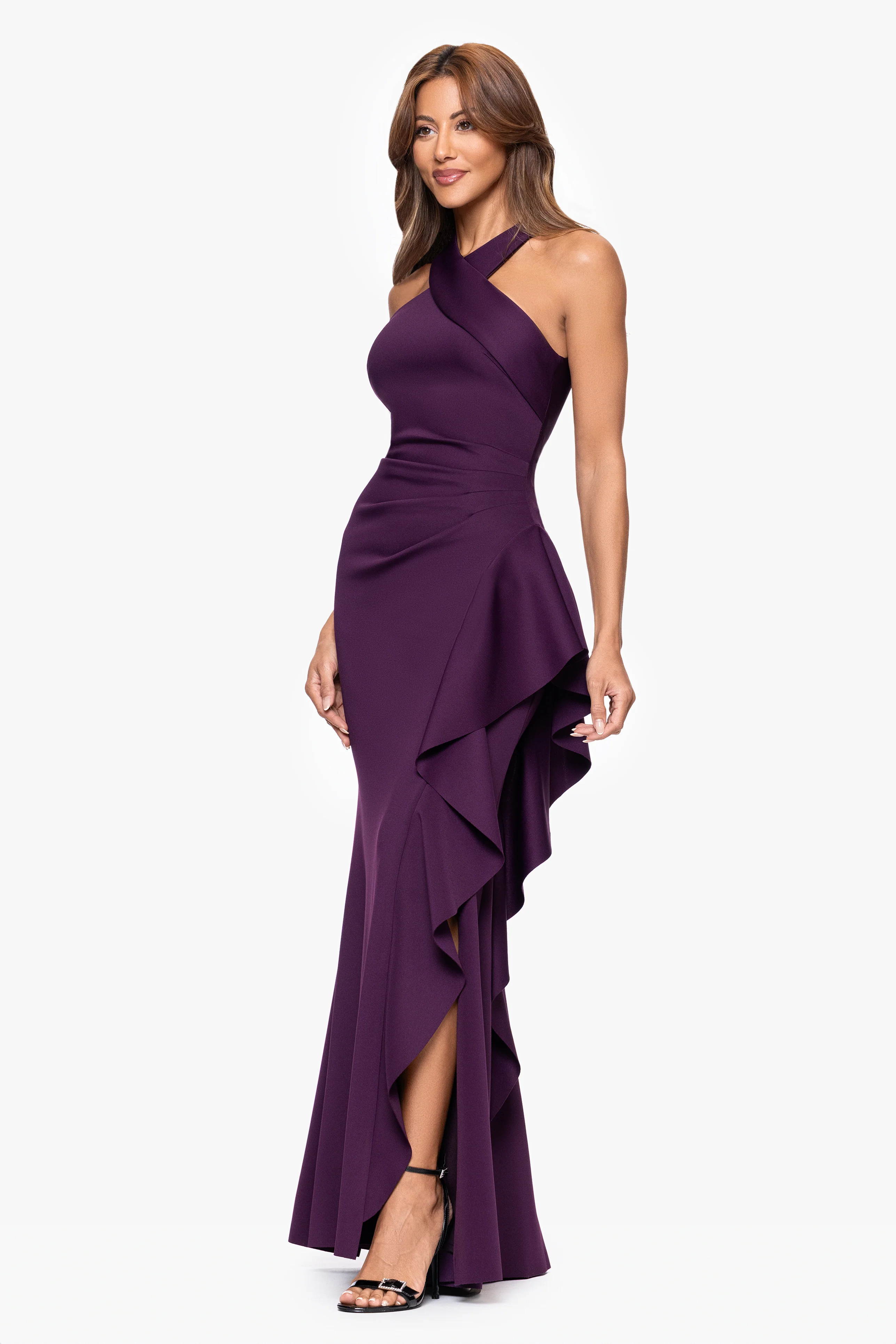 "Gigi" Techno Scuba Cross Neck Ruffle Floor Length Dress - Image 17