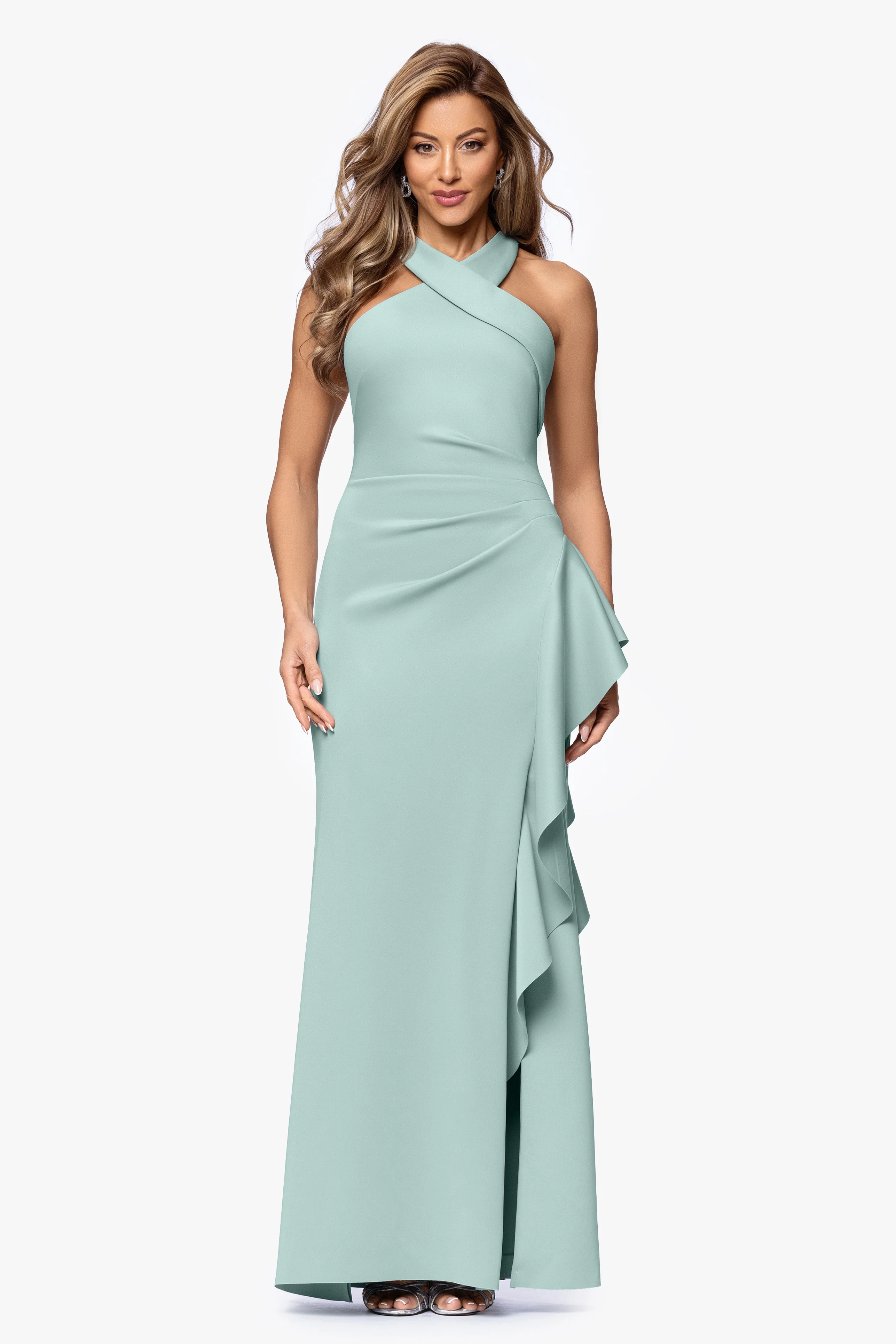 "Gigi" Techno Scuba Cross Neck Ruffle Floor Length Dress - Image 19