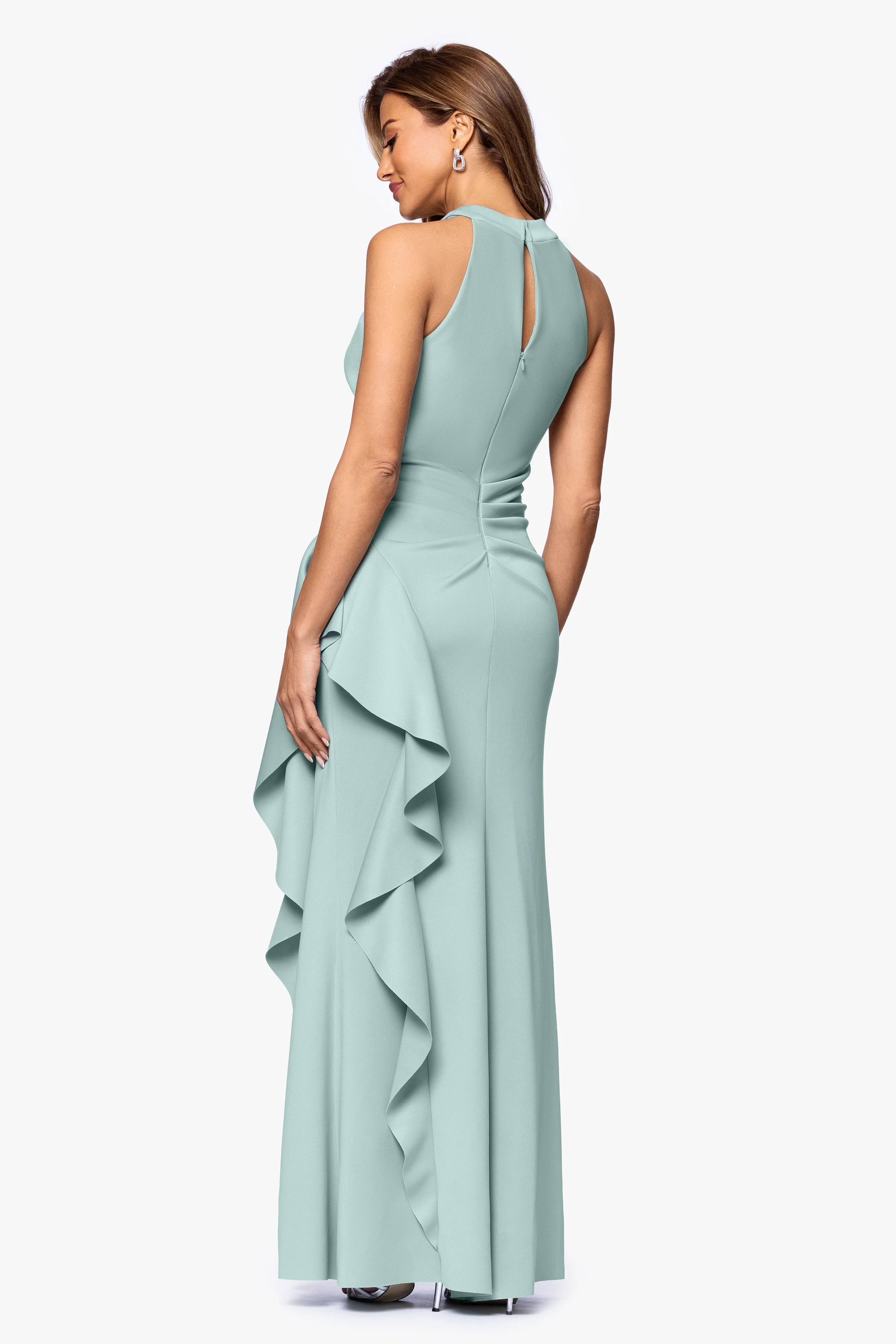 "Gigi" Techno Scuba Cross Neck Ruffle Floor Length Dress - Image 21