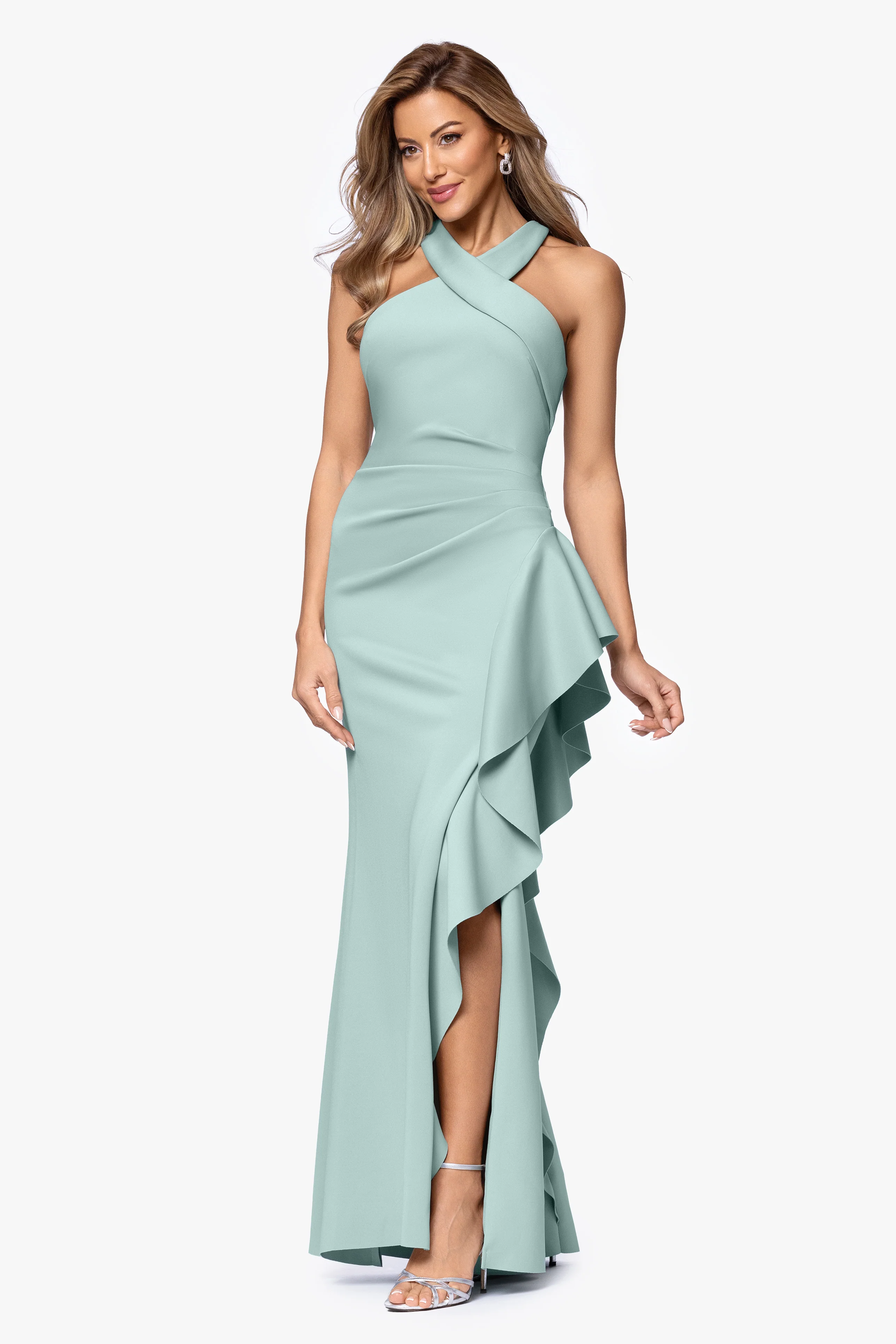 "Gigi" Techno Scuba Cross Neck Ruffle Floor Length Dress - Image 22