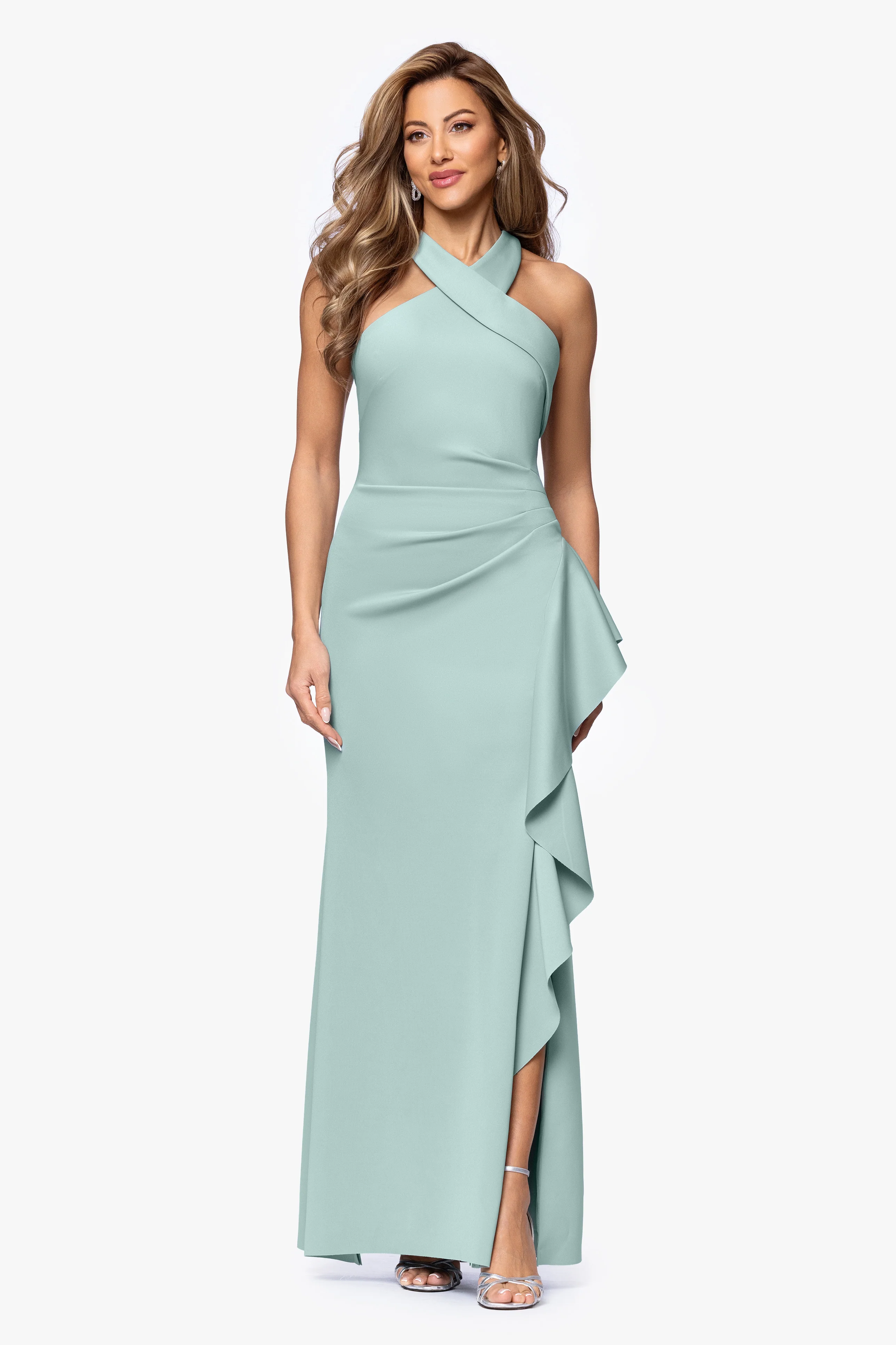 "Gigi" Techno Scuba Cross Neck Ruffle Floor Length Dress - Image 23