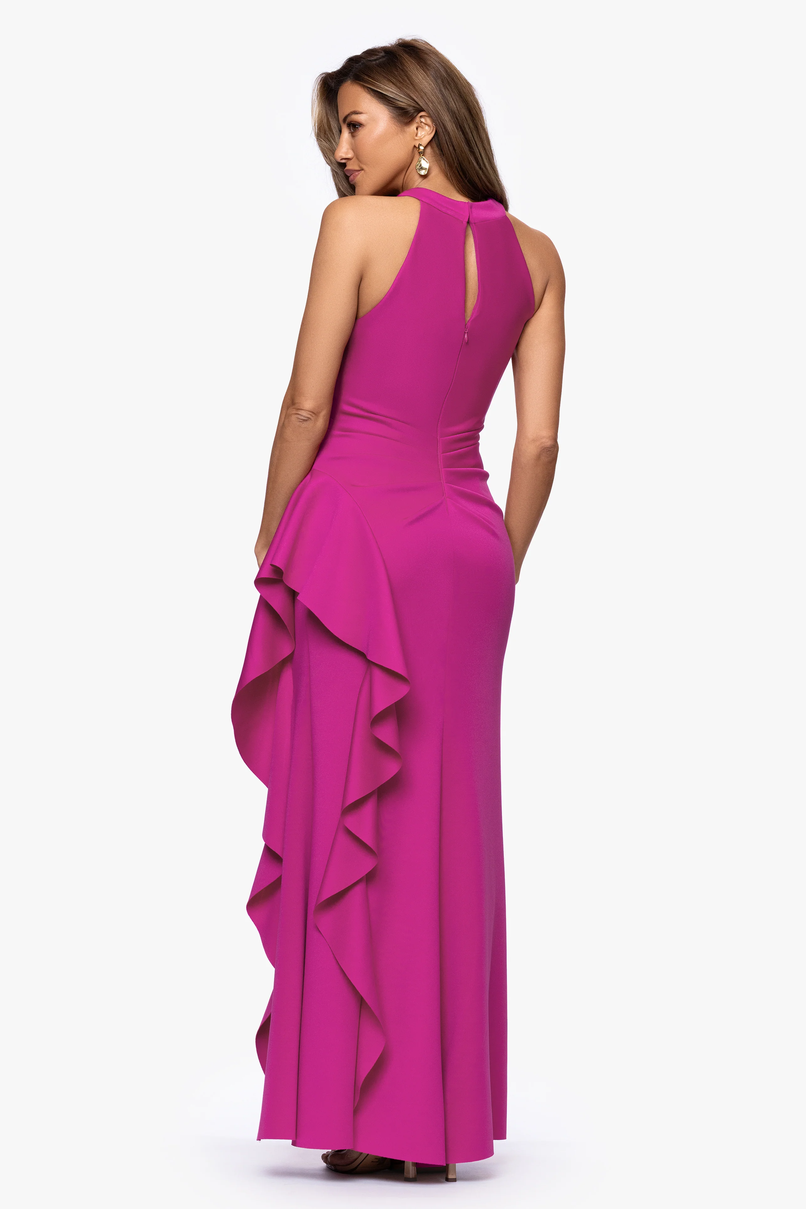 "Gigi" Techno Scuba Cross Neck Ruffle Floor Length Dress - Image 27