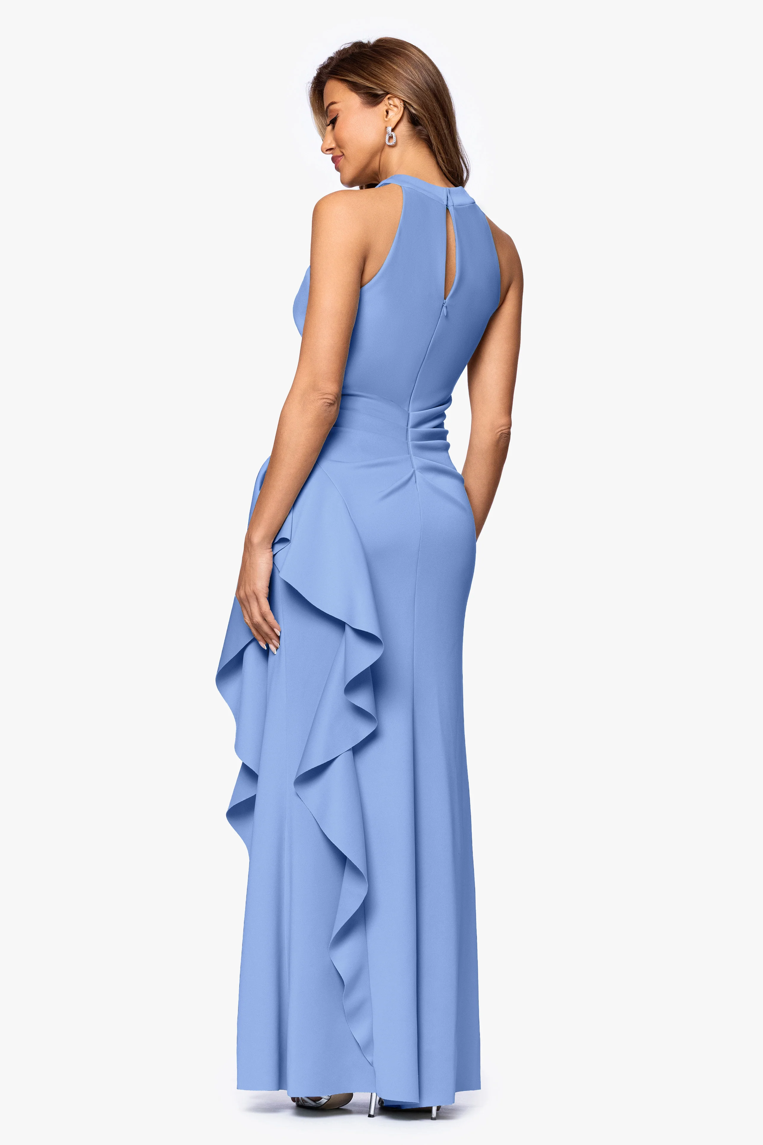 "Gigi" Techno Scuba Cross Neck Ruffle Floor Length Dress - Image 33