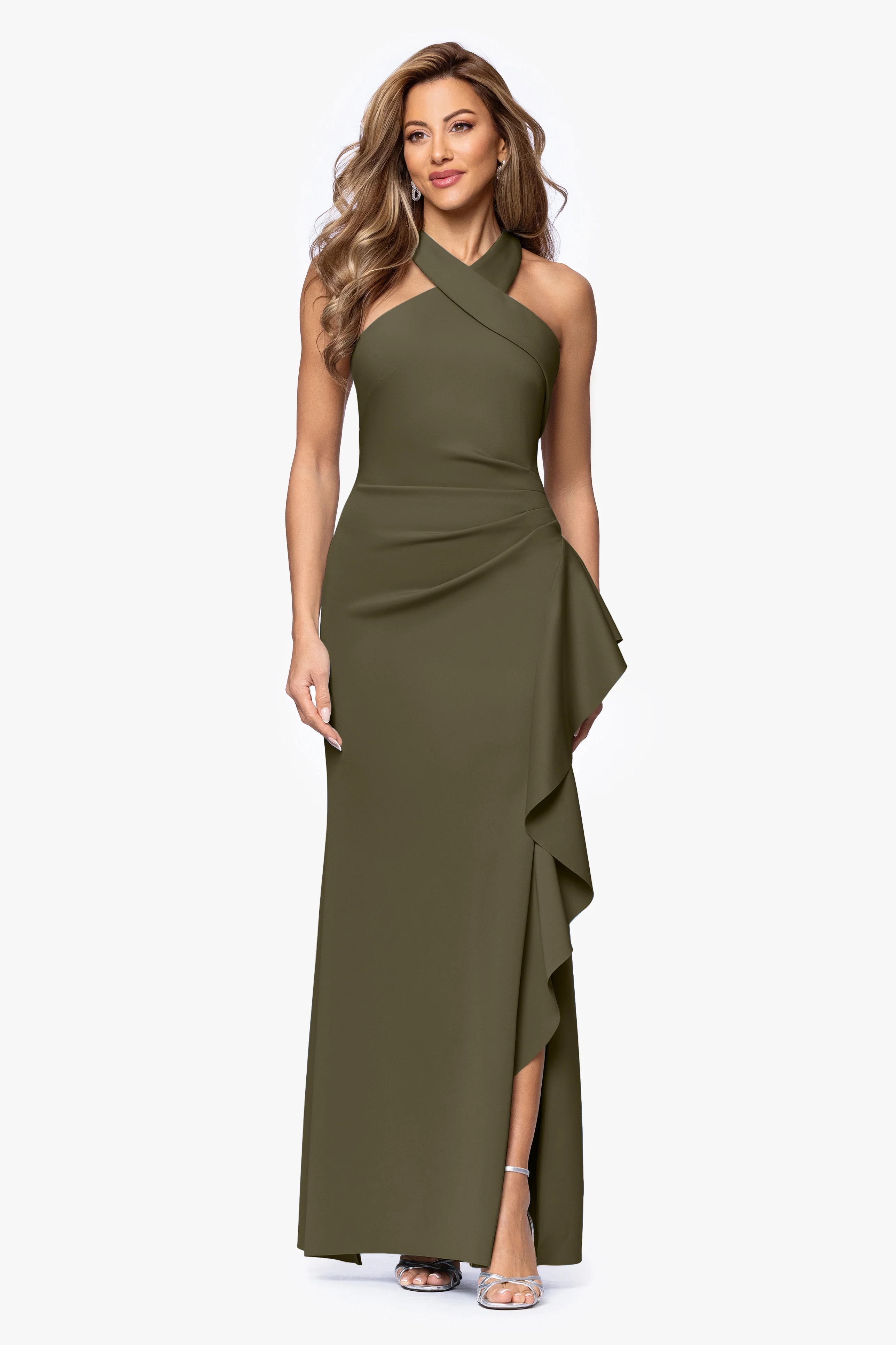 "Gigi" Techno Scuba Cross Neck Ruffle Floor Length Dress - Image 36