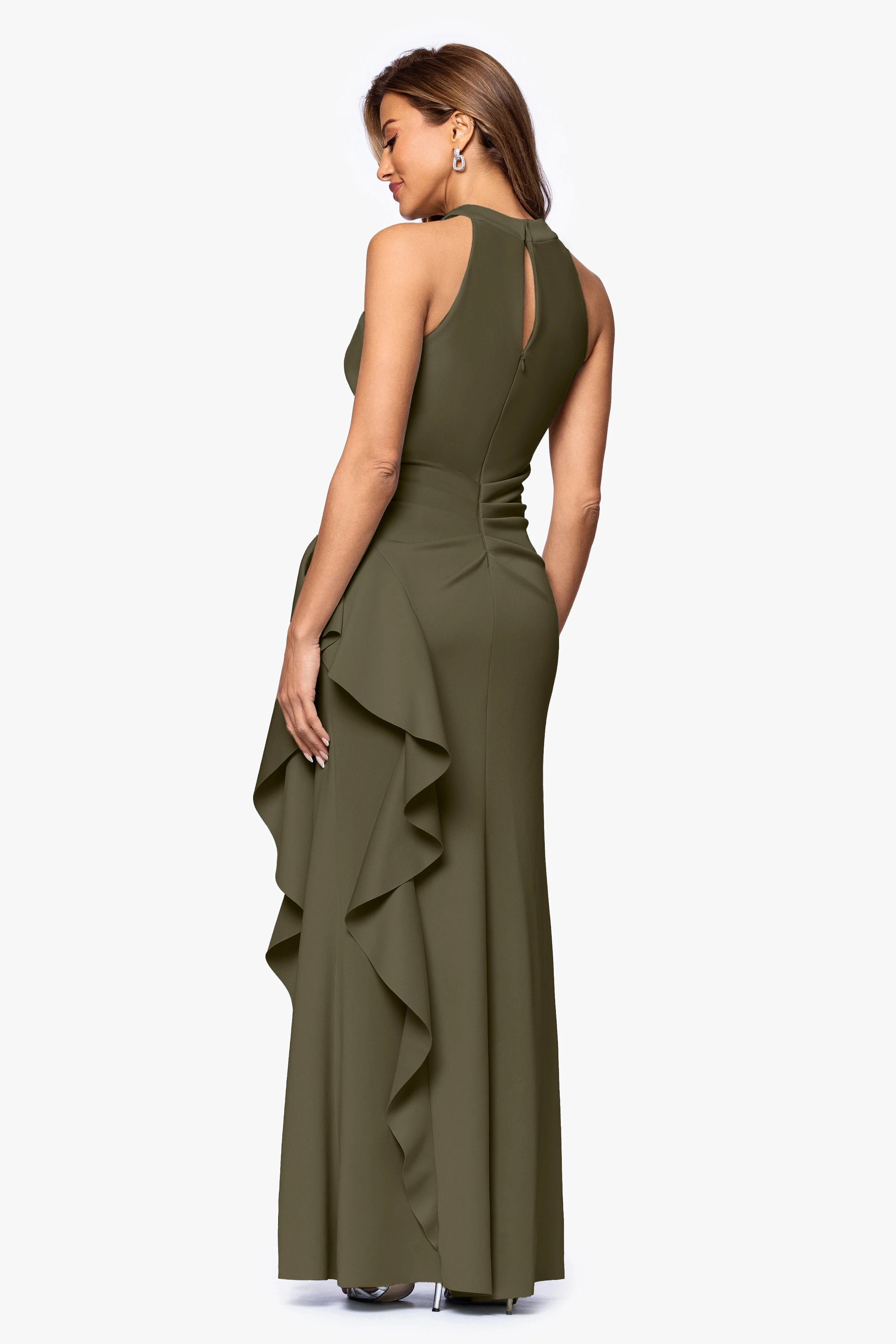 "Gigi" Techno Scuba Cross Neck Ruffle Floor Length Dress - Image 38
