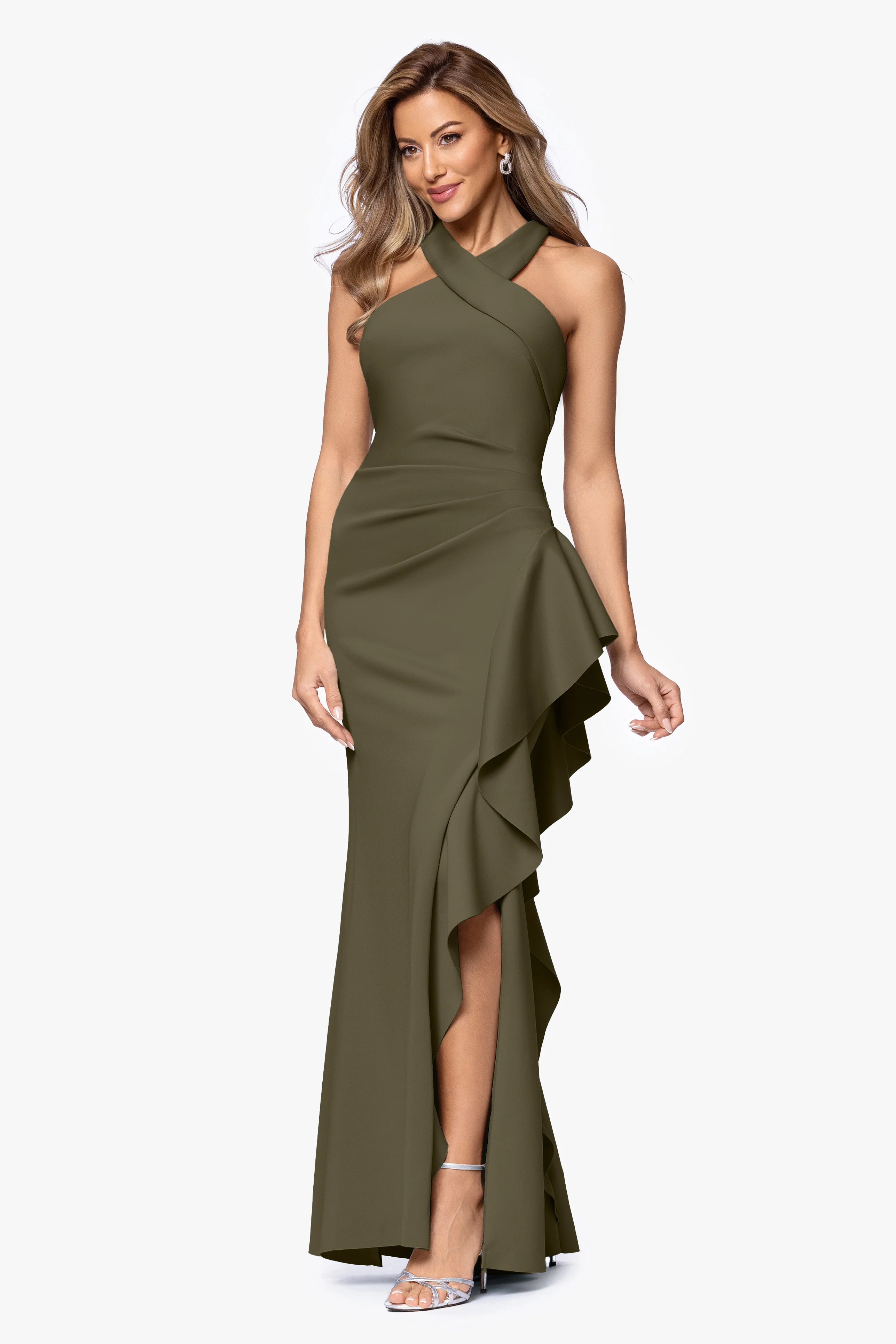 "Gigi" Techno Scuba Cross Neck Ruffle Floor Length Dress - Image 39