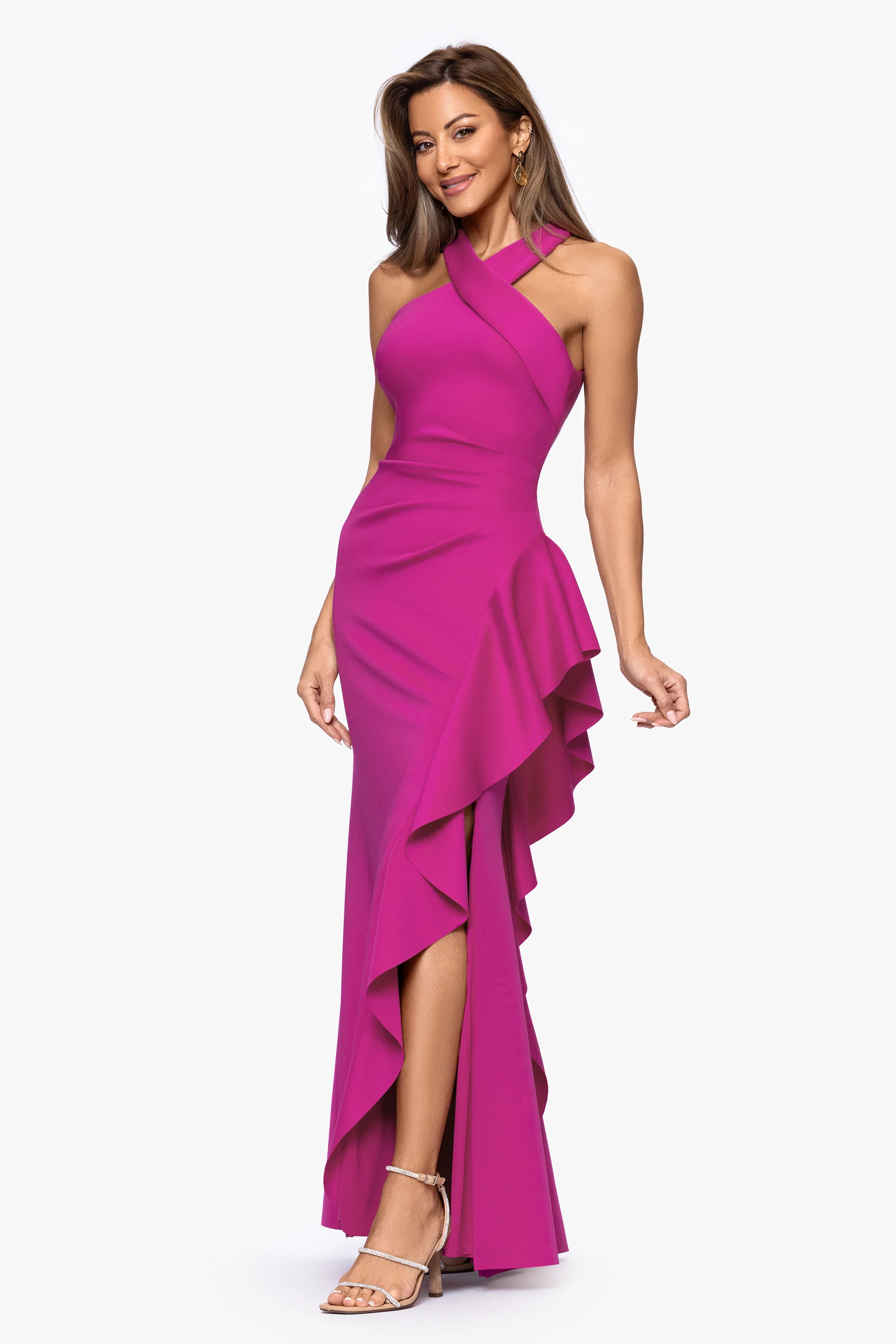 "Gigi" Techno Scuba Cross Neck Ruffle Floor Length Dress - Image 28