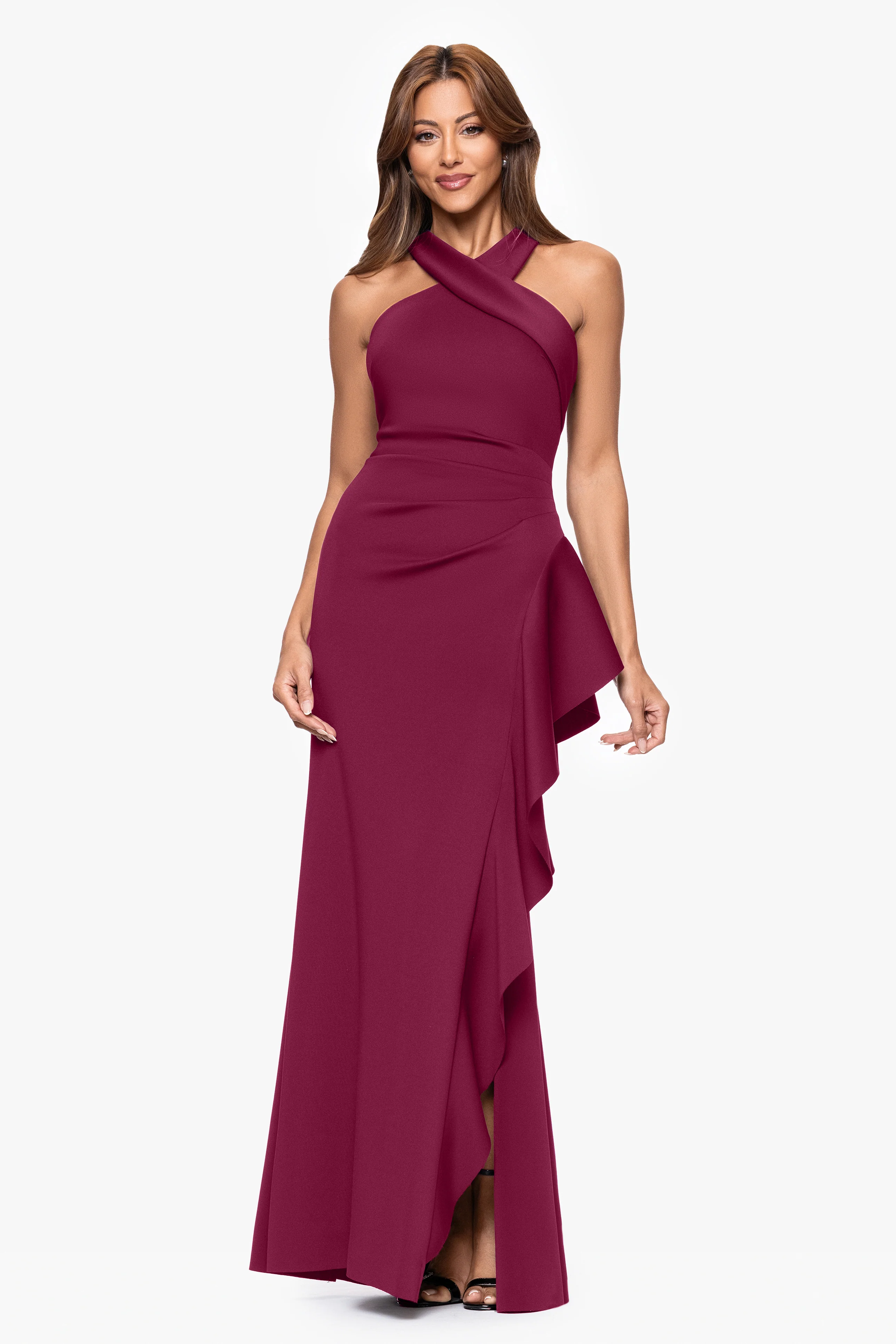 "Gigi" Techno Scuba Cross Neck Ruffle Floor Length Dress - Image 41