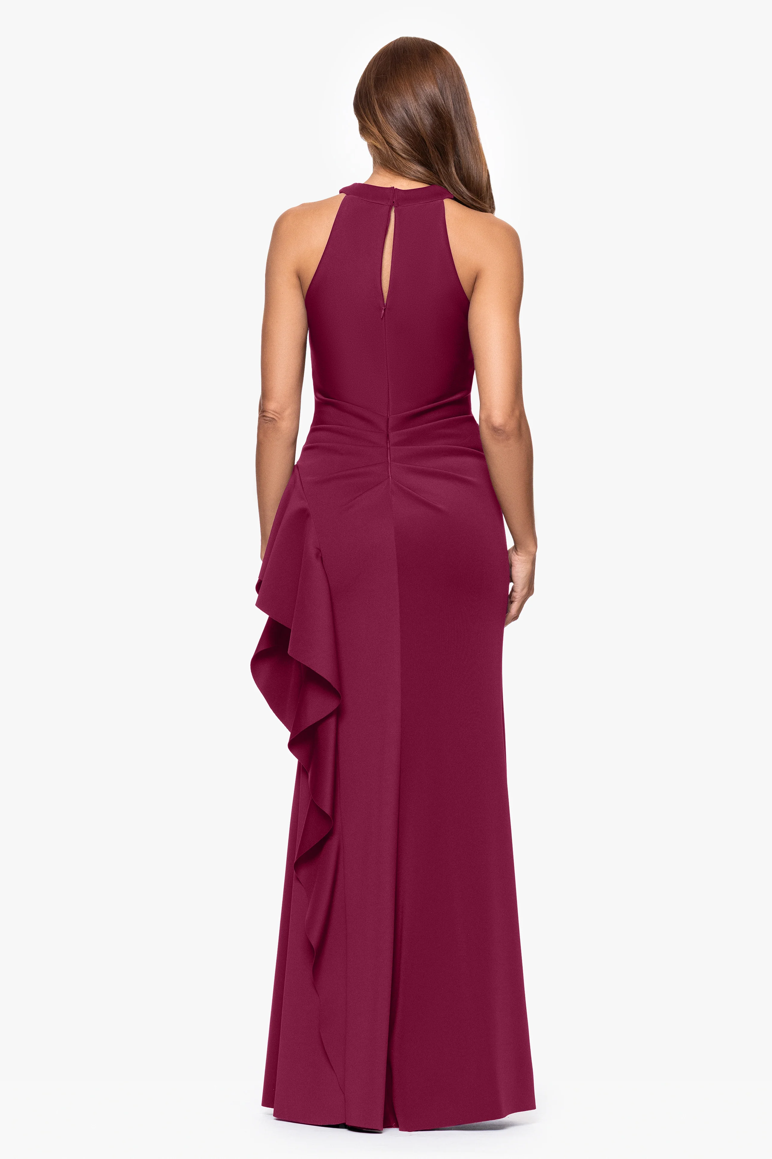"Gigi" Techno Scuba Cross Neck Ruffle Floor Length Dress - Image 43