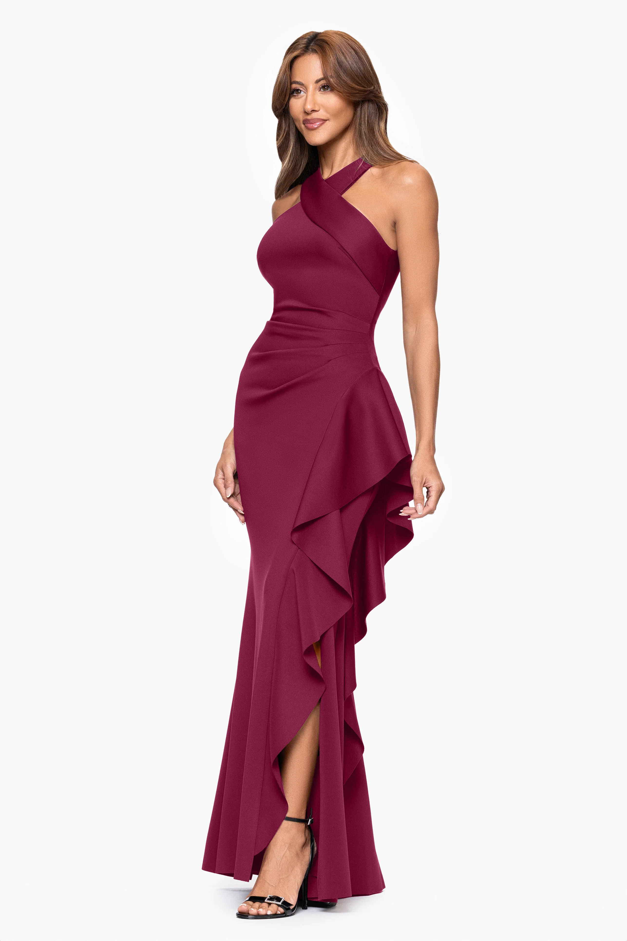 "Gigi" Techno Scuba Cross Neck Ruffle Floor Length Dress - Image 44