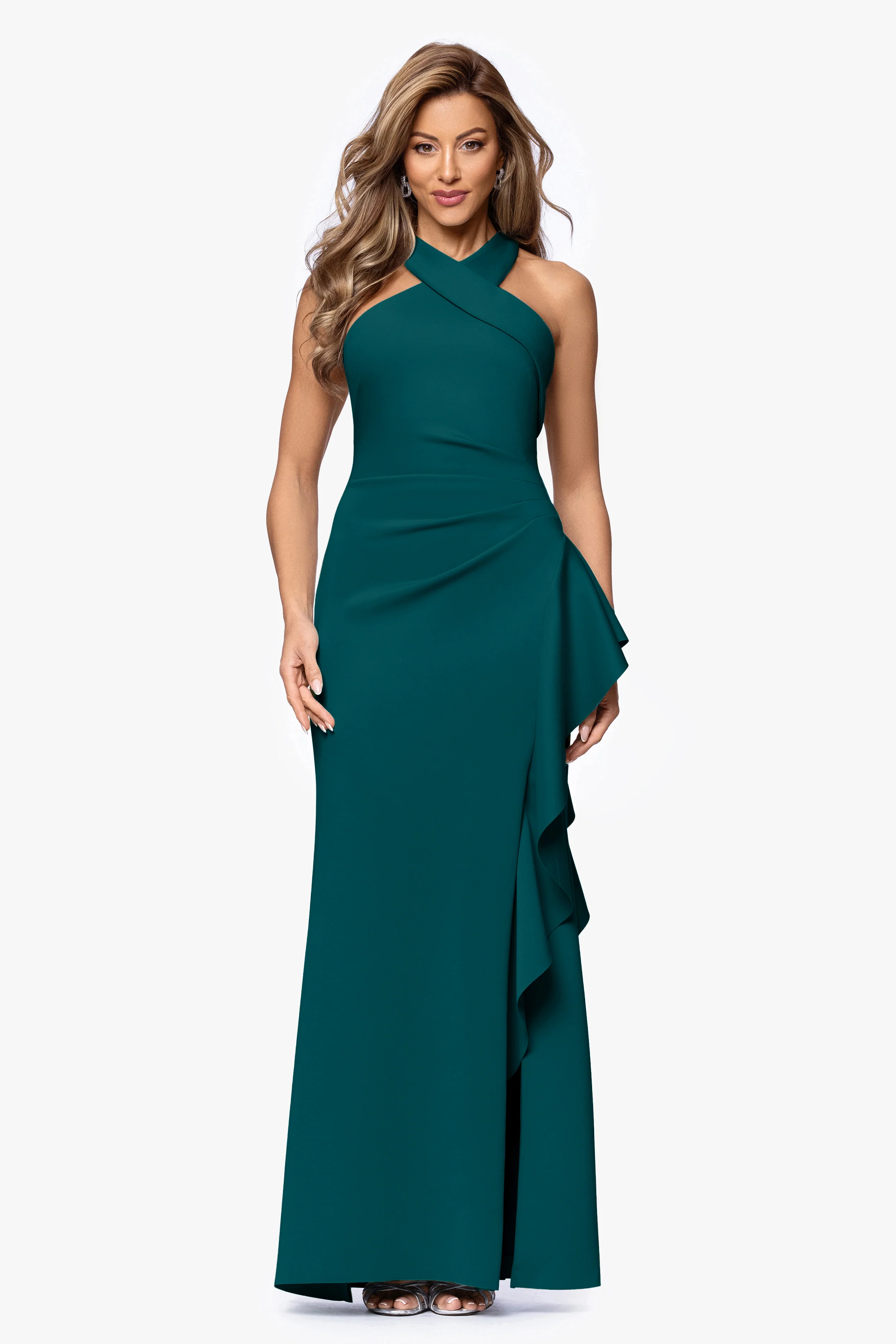 "Gigi" Techno Scuba Cross Neck Ruffle Floor Length Dress - Image 46