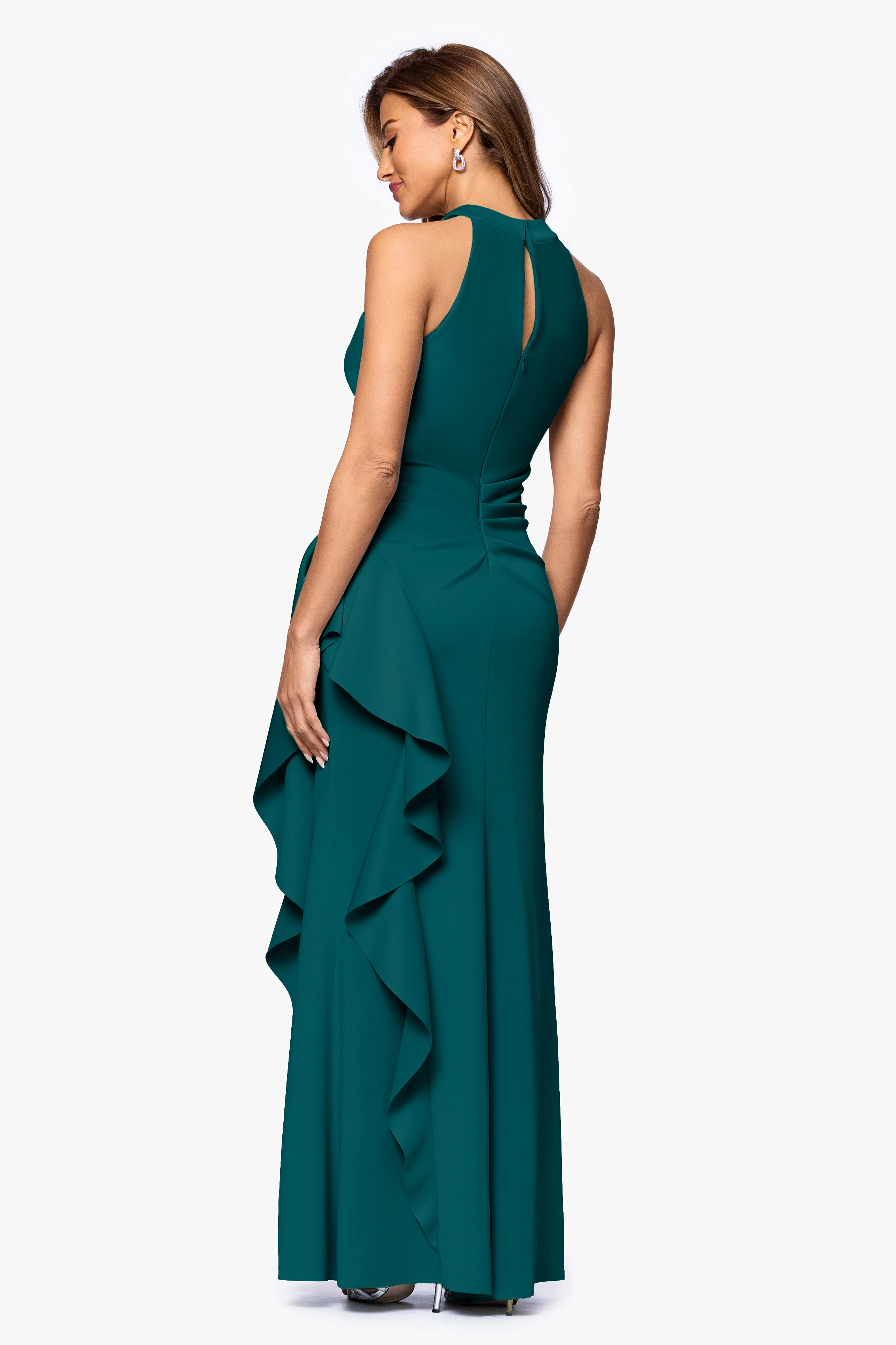 "Gigi" Techno Scuba Cross Neck Ruffle Floor Length Dress - Image 48