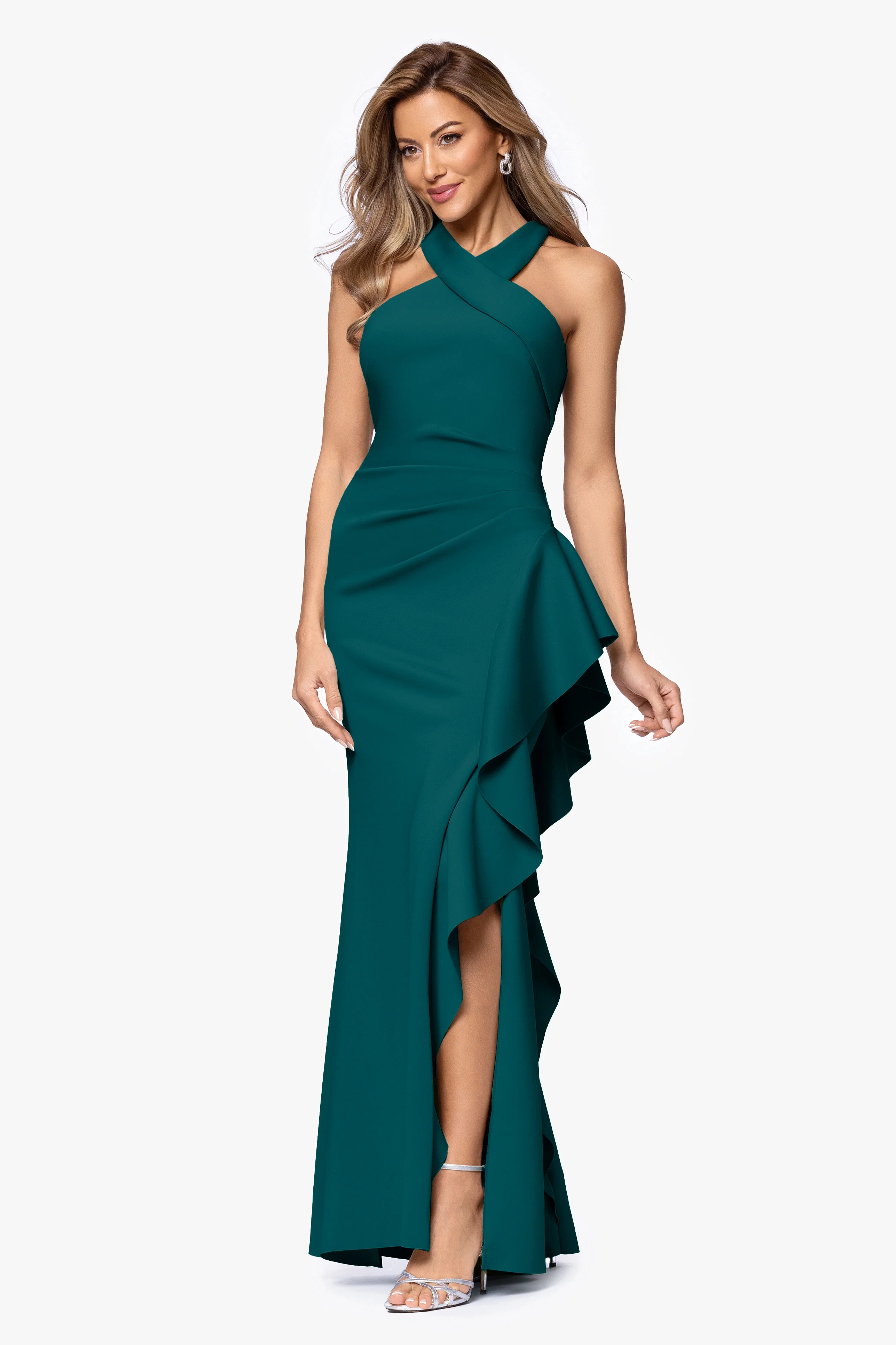 "Gigi" Techno Scuba Cross Neck Ruffle Floor Length Dress - Image 49