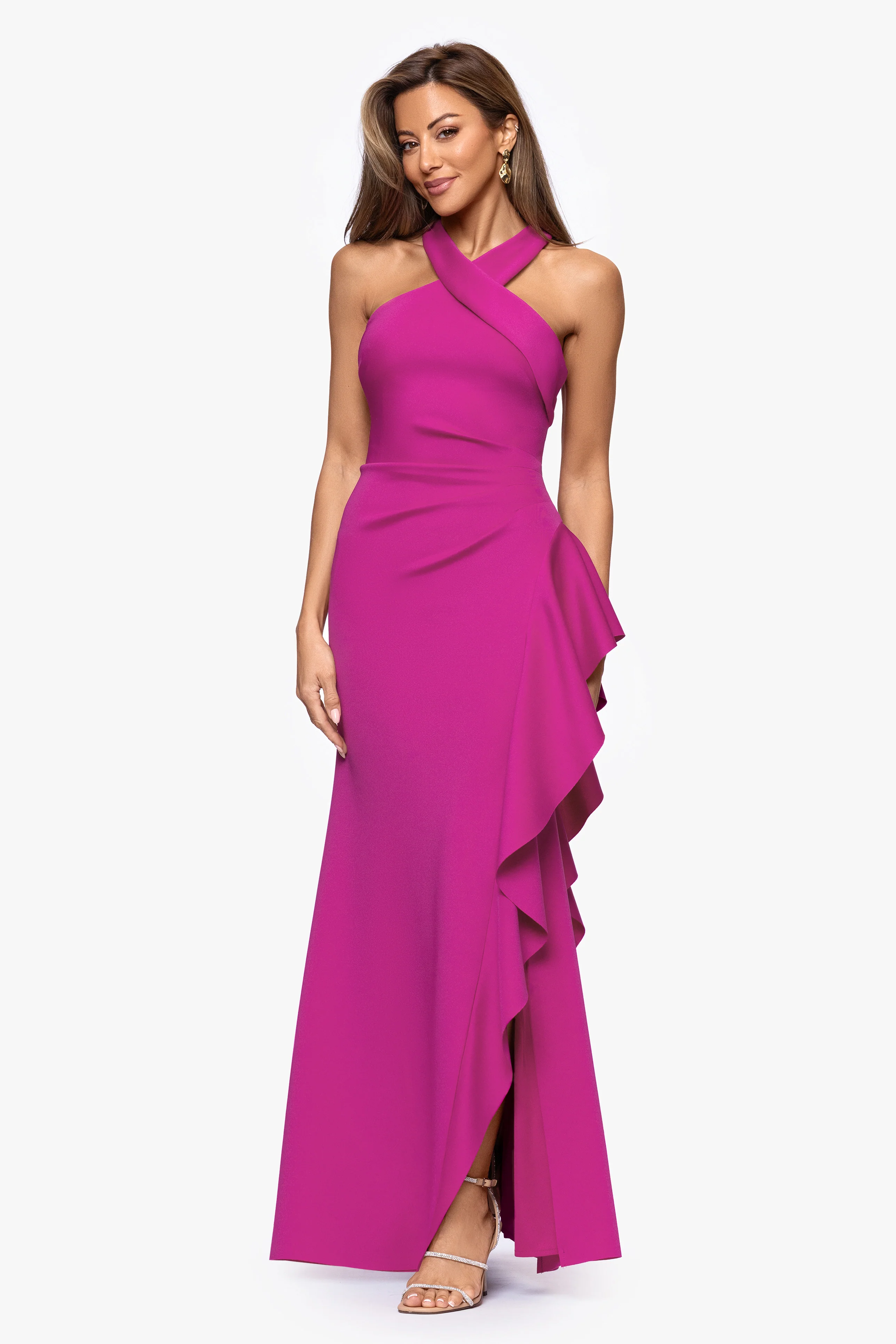 "Gigi" Techno Scuba Cross Neck Ruffle Floor Length Dress - Image 29