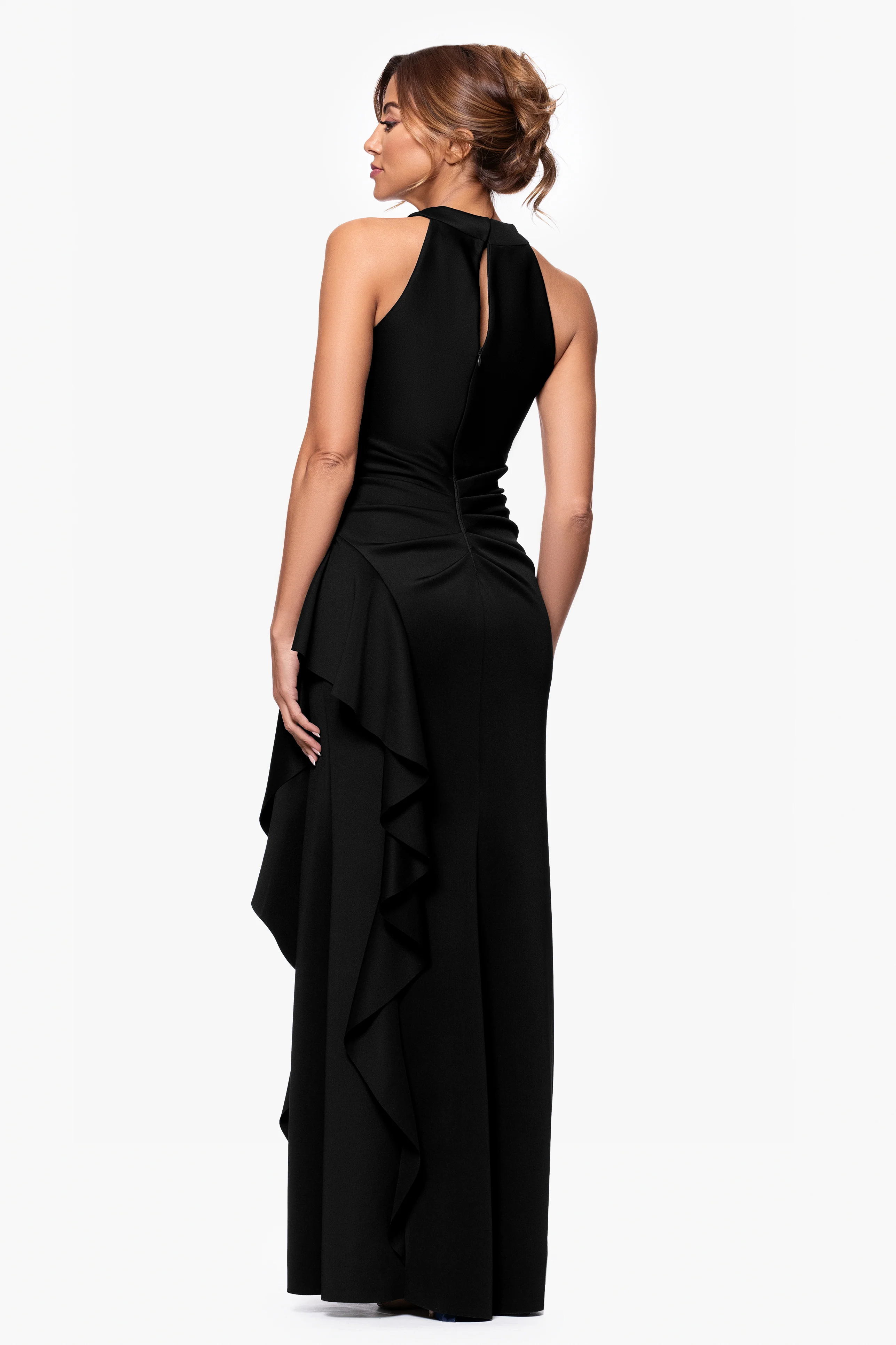 "Gigi" Techno Scuba Cross Neck Ruffle Floor Length Dress - Image 3