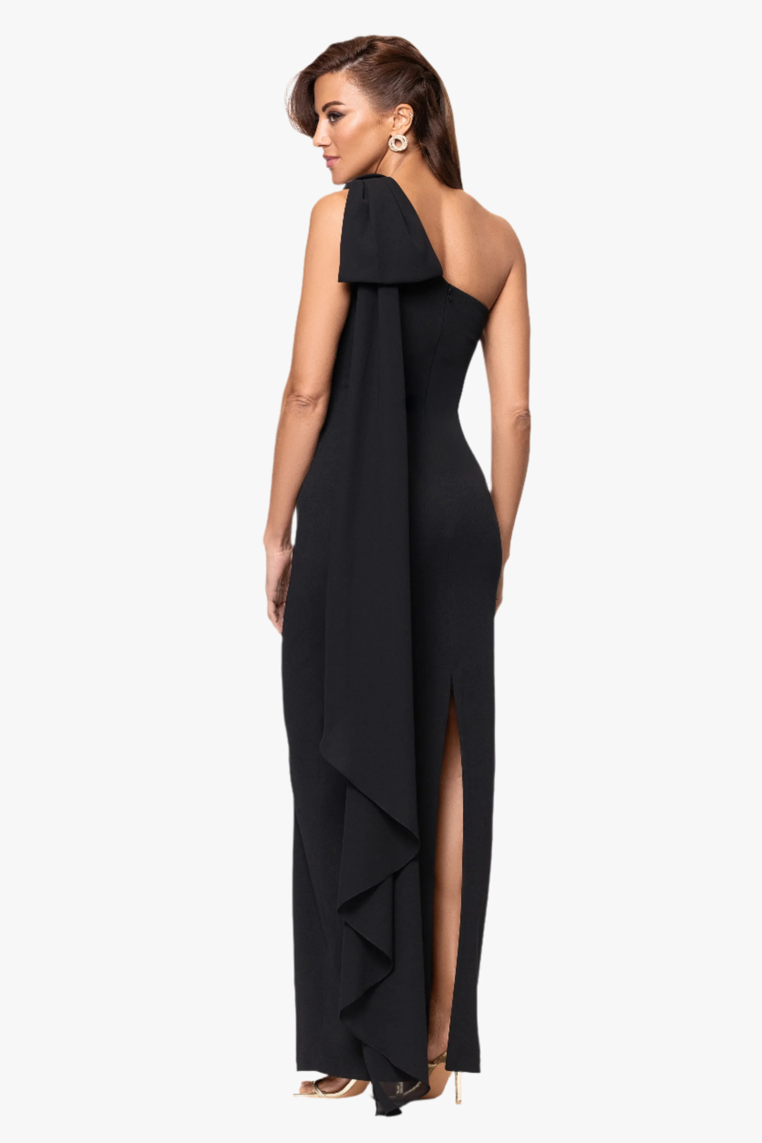"Grace" Scuba Crepe and Chiffon Cascading One Shoulder Shash Floor Length Dress - Image 4