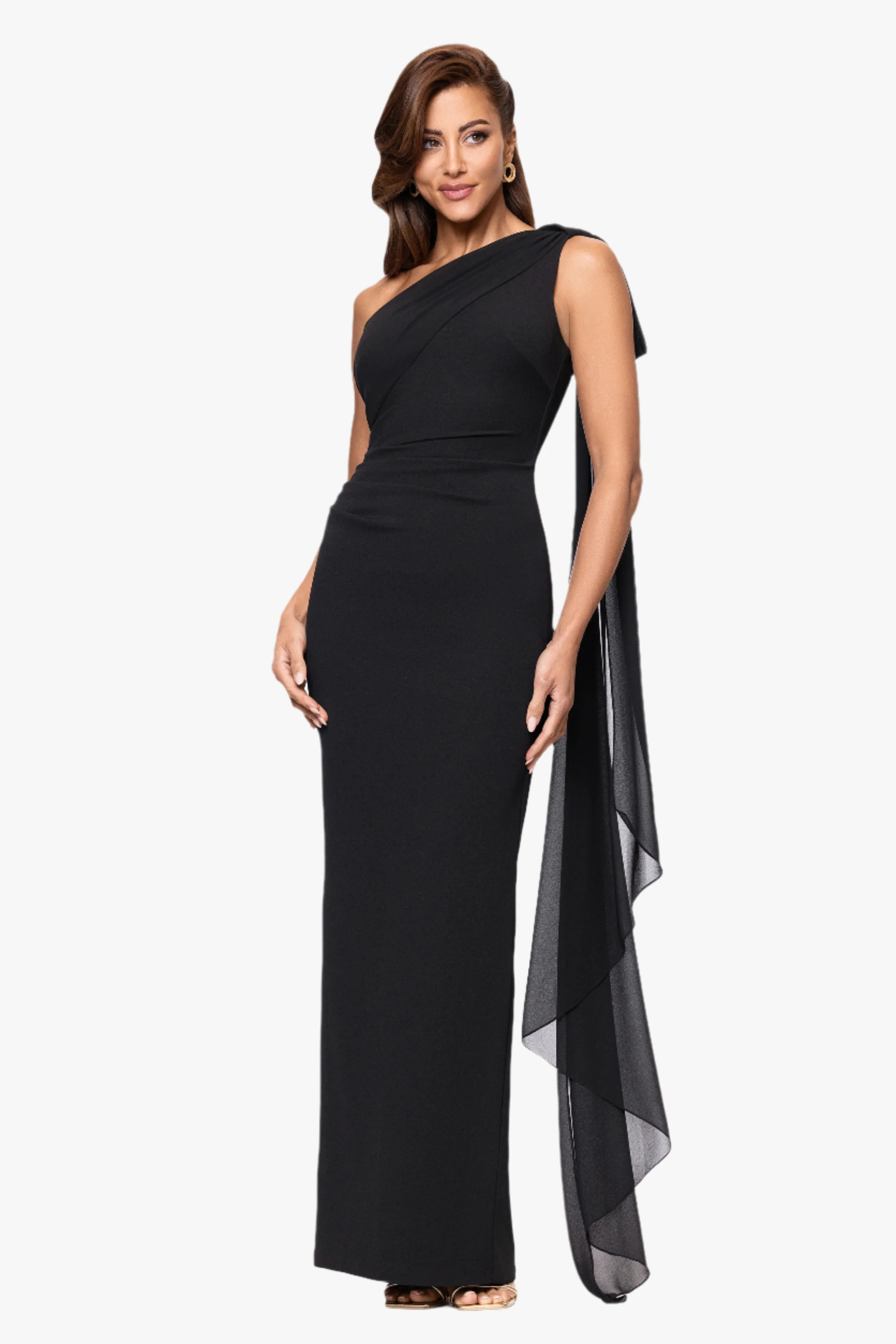 "Grace" Scuba Crepe and Chiffon Cascading One Shoulder Shash Floor Length Dress - Image 5