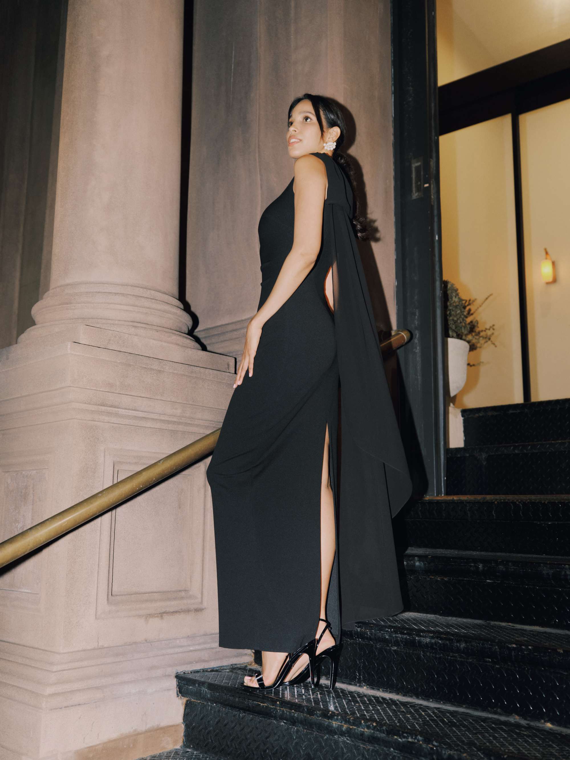 "Grace" Scuba Crepe and Chiffon Cascading One Shoulder Shash Floor Length Dress - Image 6