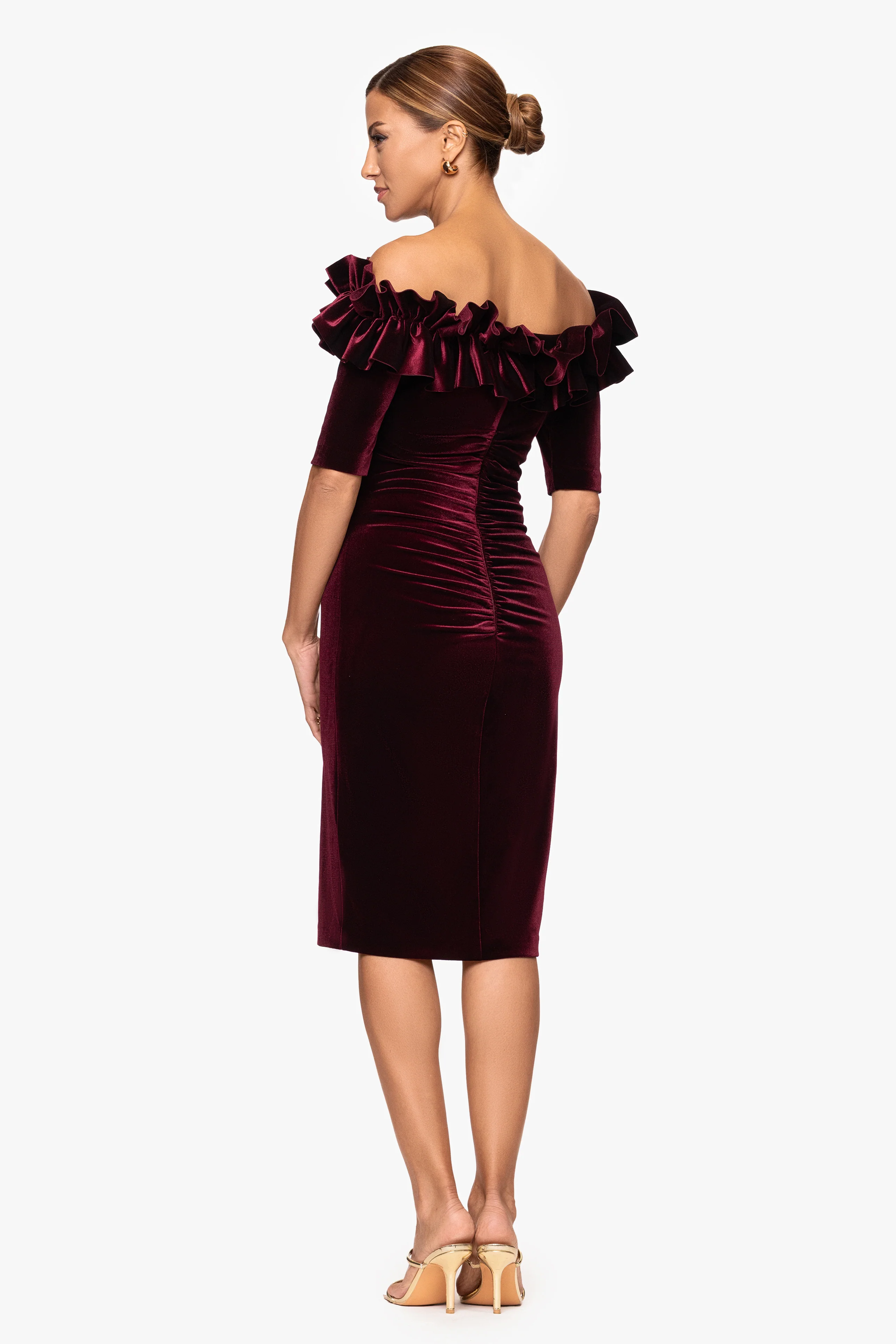 "Hayden" Short Velvet Off the Shoulder 3/4 Sleeve Ruffle Dress - Image 3