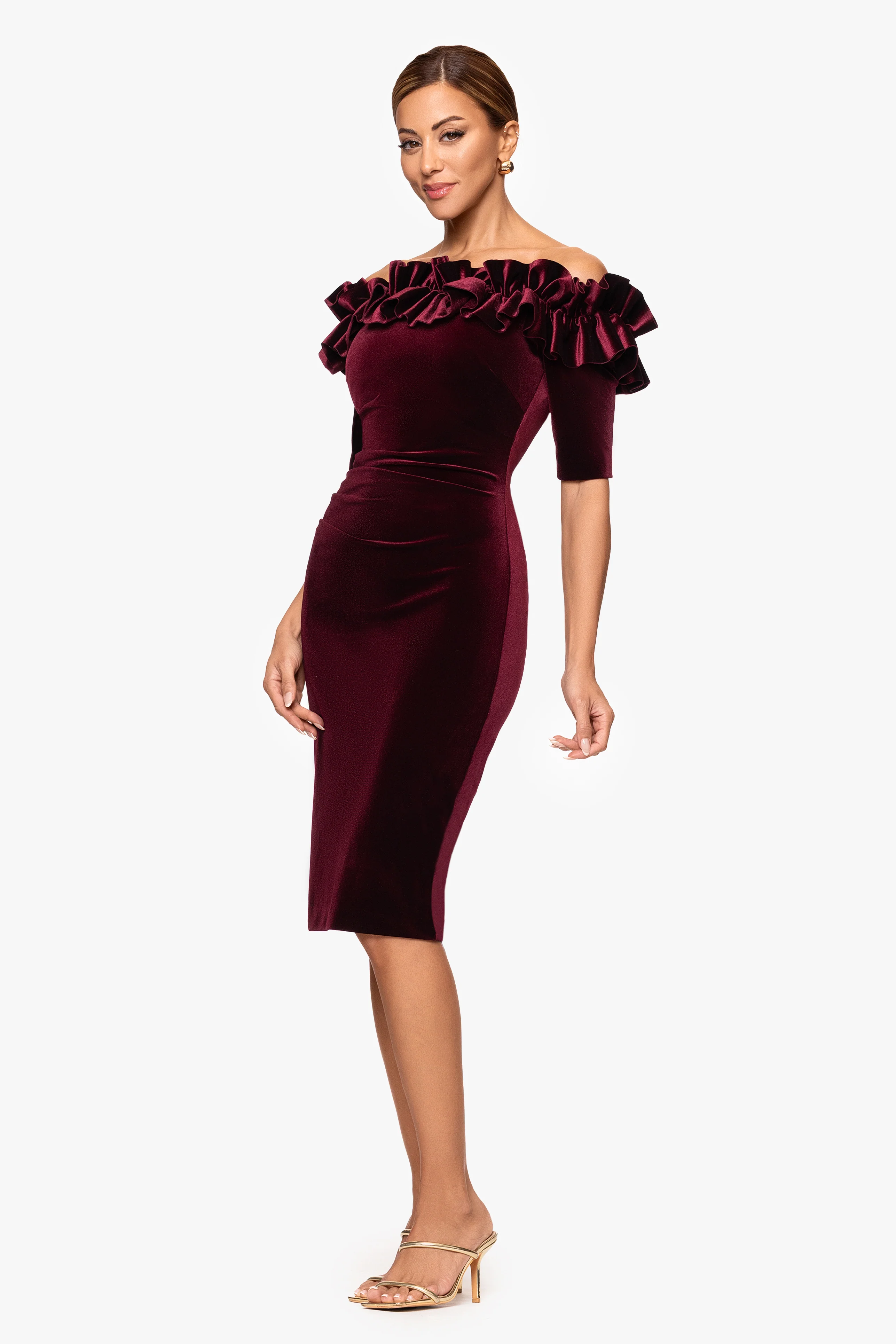 "Hayden" Short Velvet Off the Shoulder 3/4 Sleeve Ruffle Dress - Image 4