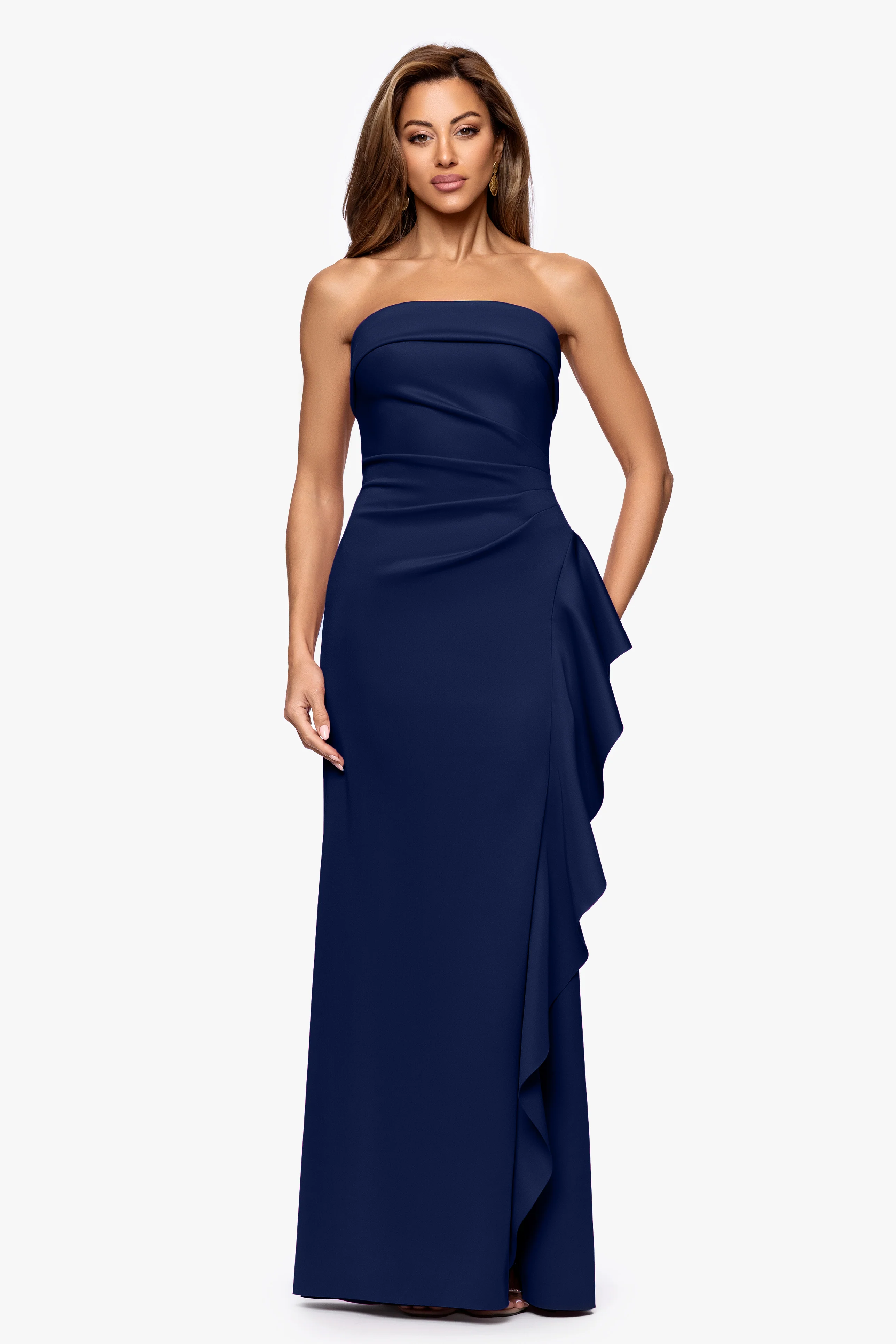 "Jacqueline" Techno Scuba Strapless Ruffle Floor Length Dress - Image 11